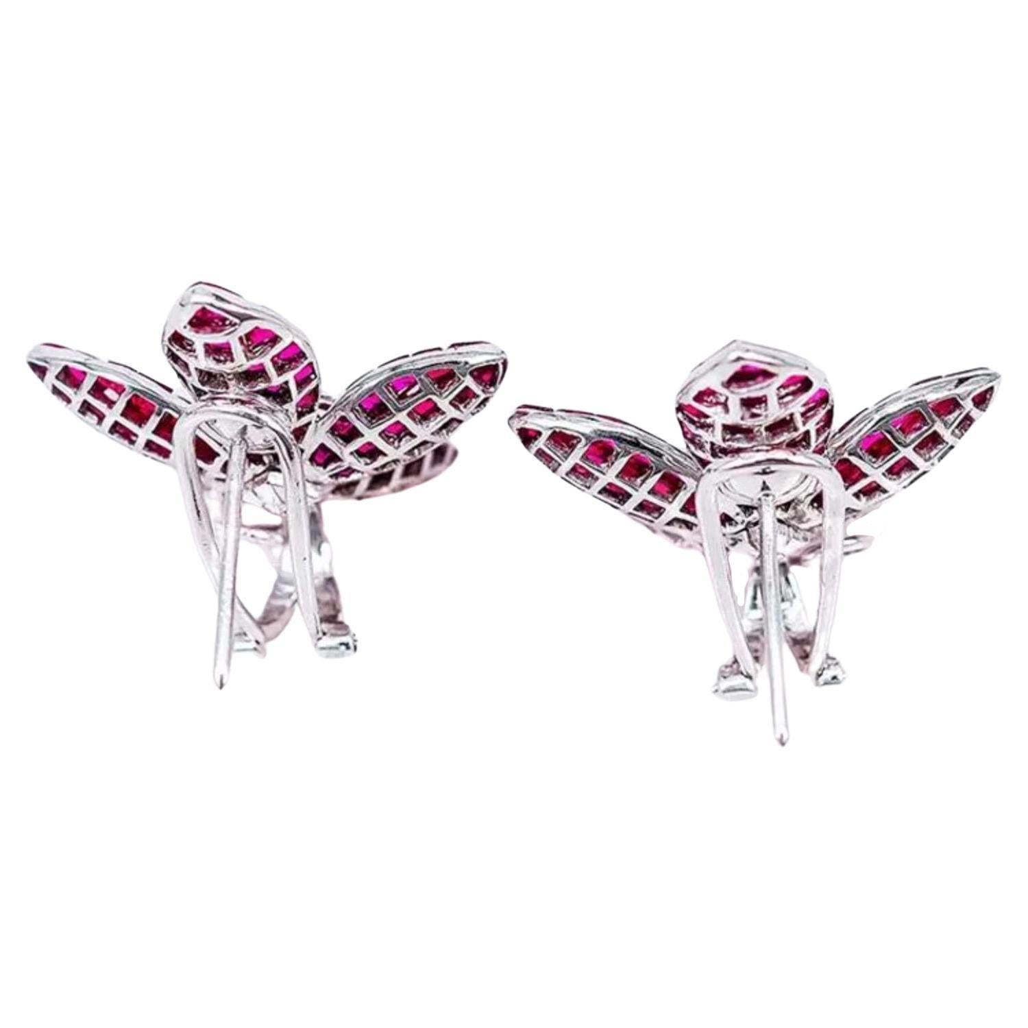 Square Cut Invisibly-Set Ruby Diamond Lotus Flower Earrings For Sale
