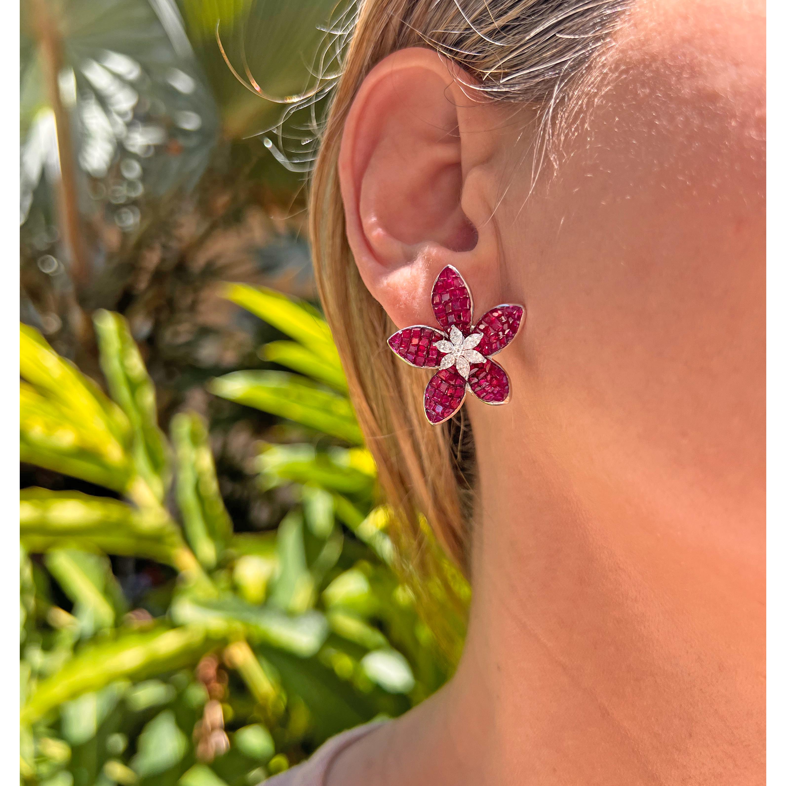 Invisibly-Set Ruby Diamond Lotus Flower Earrings In New Condition For Sale In Palm Beach, FL