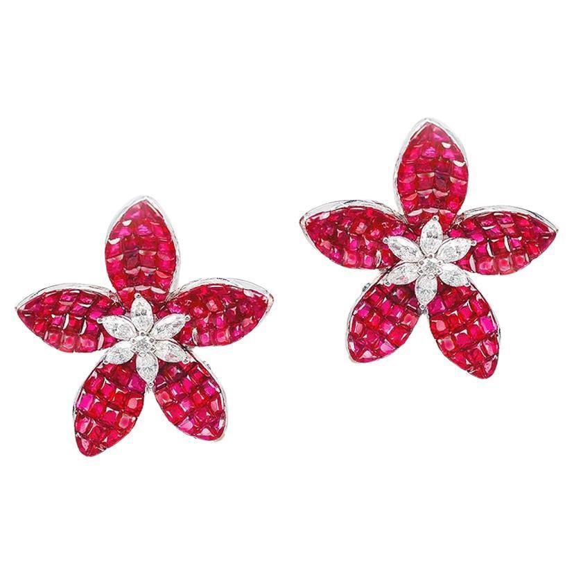 Invisibly-Set Ruby Diamond Lotus Flower Earrings For Sale