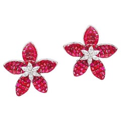 Invisibly-Set Ruby Diamond Lotus Flower Earrings