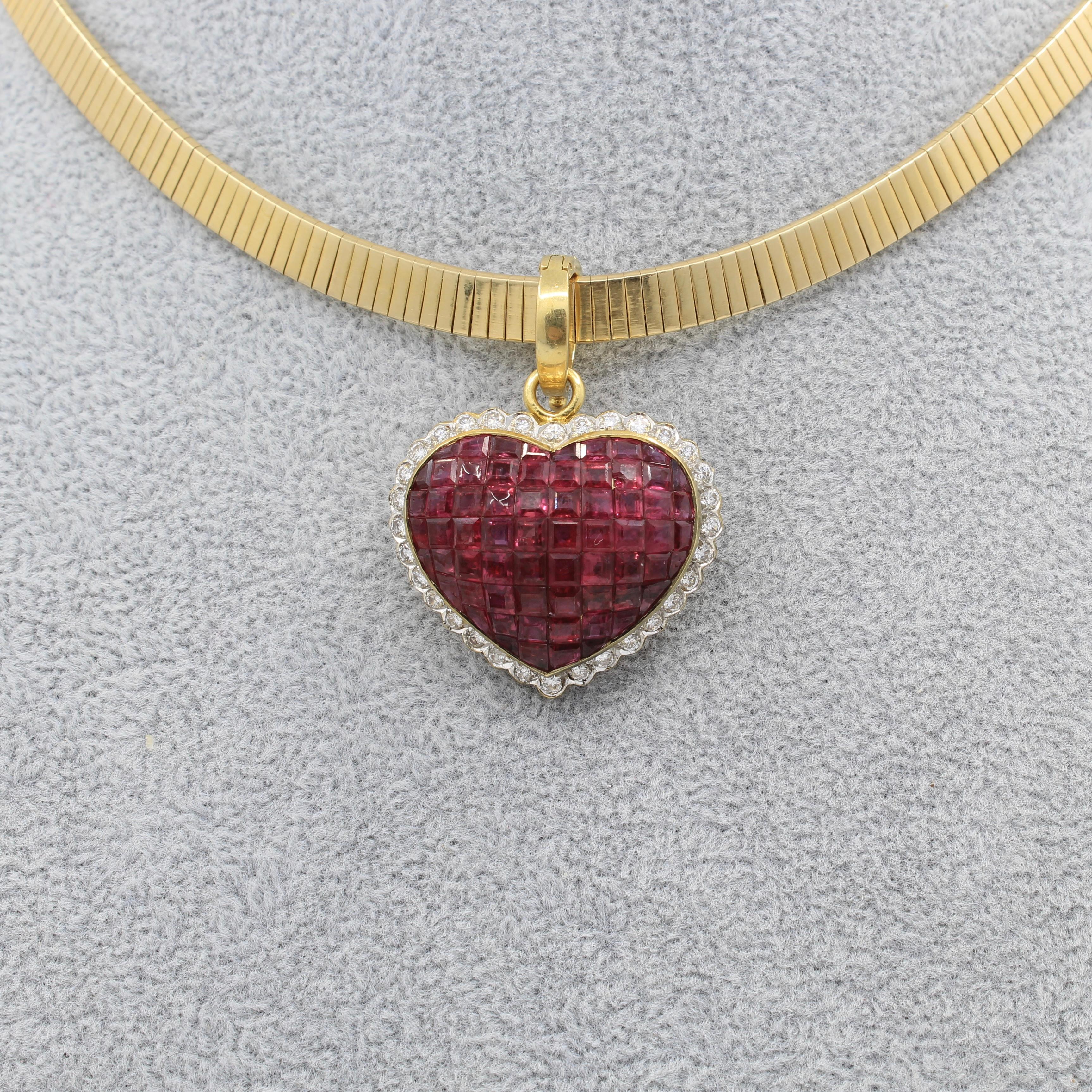 Modern Invisibly Set Ruby Heart Pendant - 18K Yellow Gold