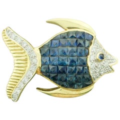 Retro Invisibly Set Sapphire and Diamond Fish Brooch in 18 Karat Yellow Gold