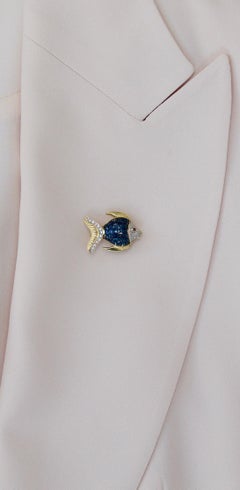 Invisibly Set Sapphire and Diamond Fish Brooch in 18 Karat Yellow Gold