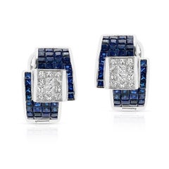 Channel Set Sapphire and Diamond Lever Back Earrings, 18K White Gold