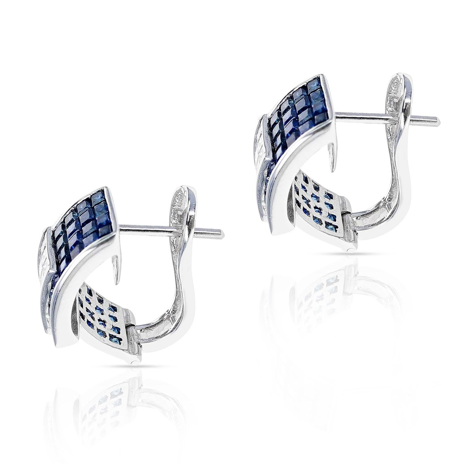 Invisibly Set Sapphire and Diamond Lever Back Earrings, 18K White Gold In Excellent Condition For Sale In New York, NY