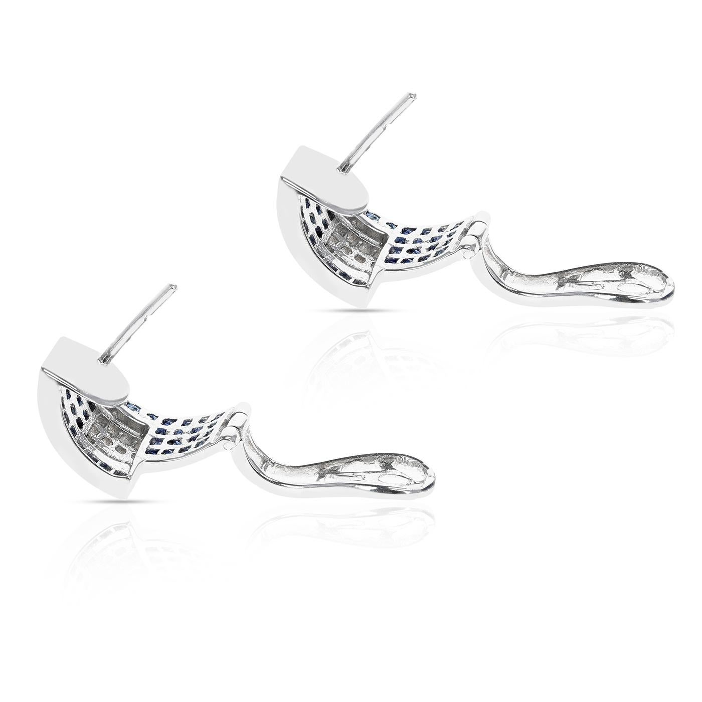 Women's or Men's Invisibly Set Sapphire and Diamond Lever Back Earrings, 18K White Gold For Sale