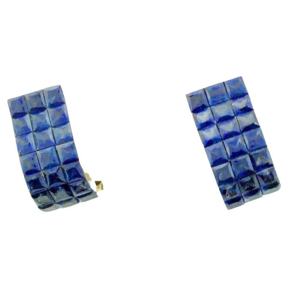 Invisibly Set Sapphire Earrings in 18k Yellow Gold For Sale