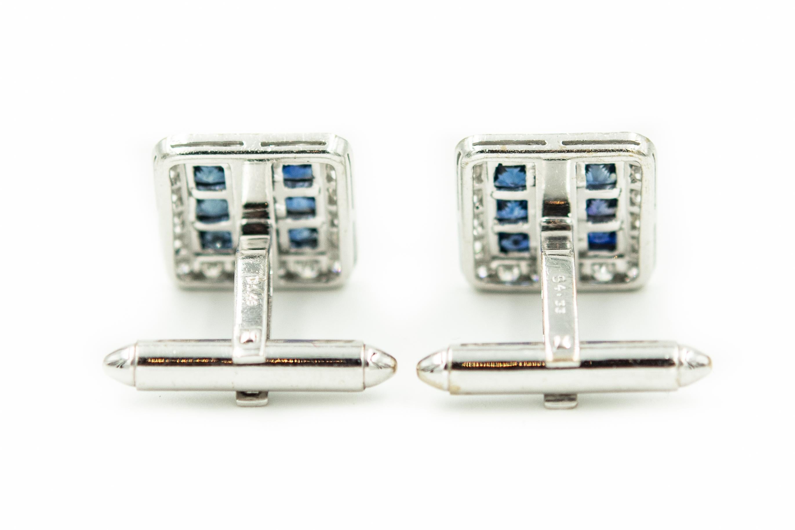 Invisibly Set Sapphires and Diamond White Gold Square Cufflinks and Tie Tac In Good Condition In Miami Beach, FL