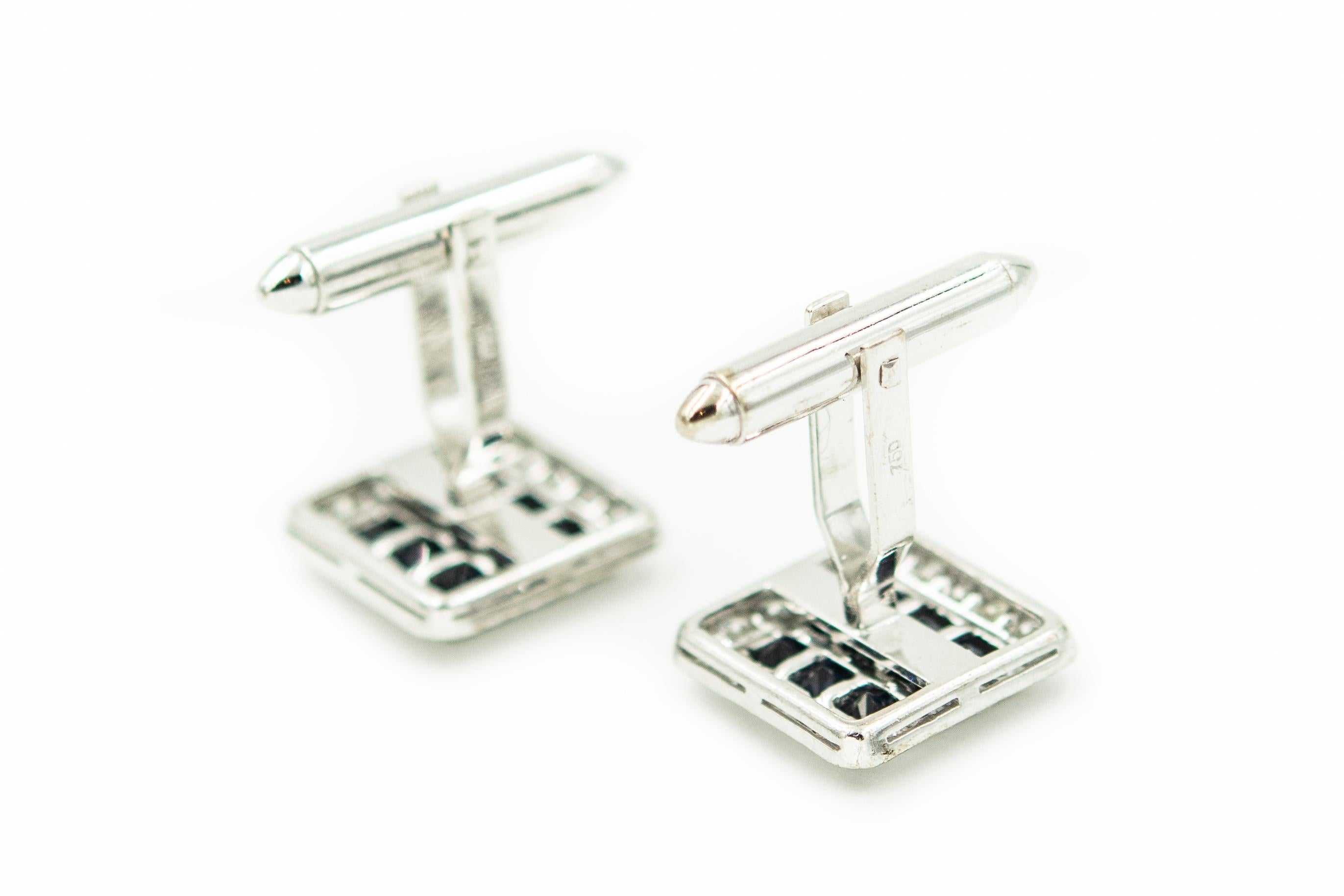Men's Invisibly Set Sapphires and Diamond White Gold Square Cufflinks and Tie Tac