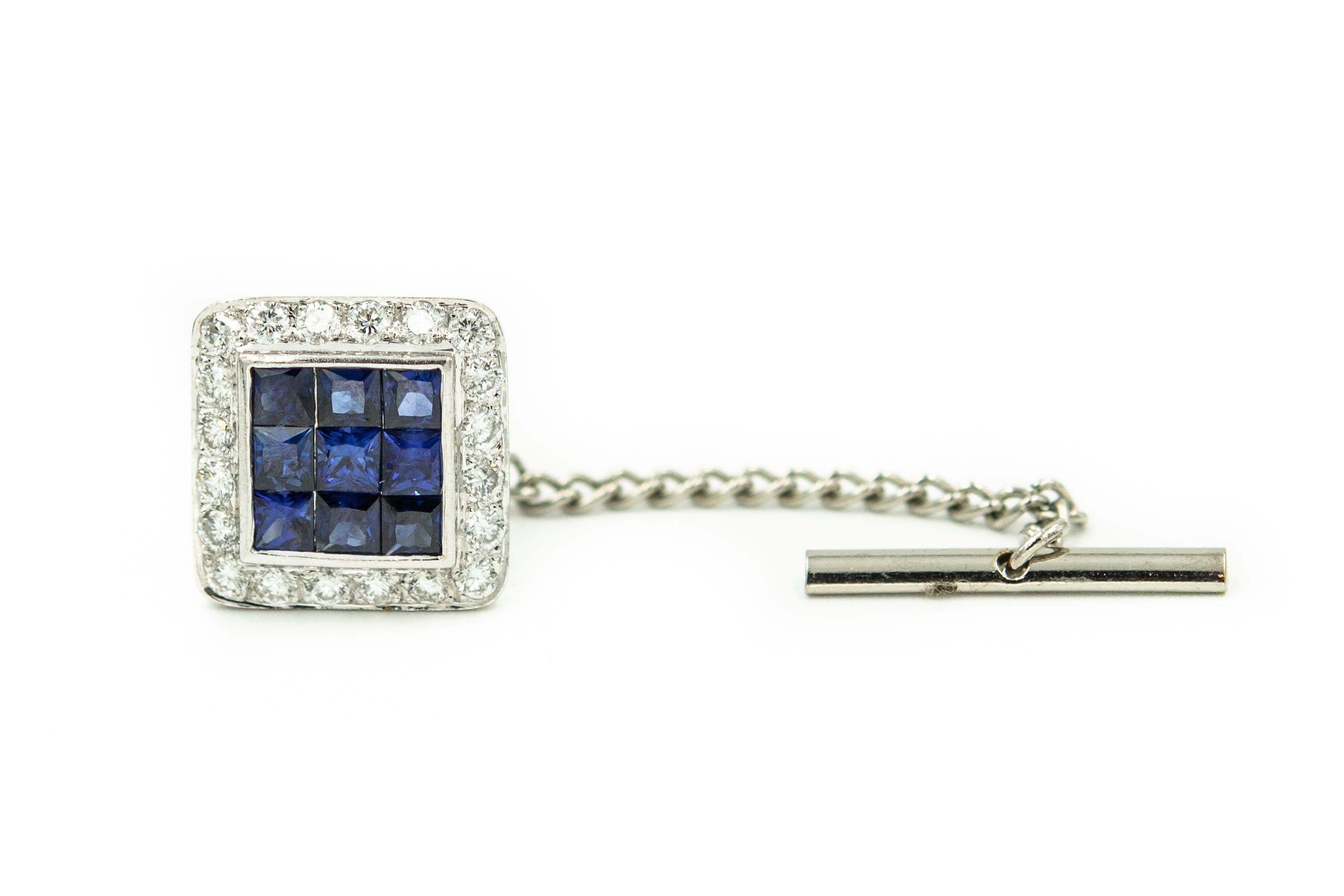 Invisibly Set Sapphires and Diamond White Gold Square Cufflinks and Tie Tac 1
