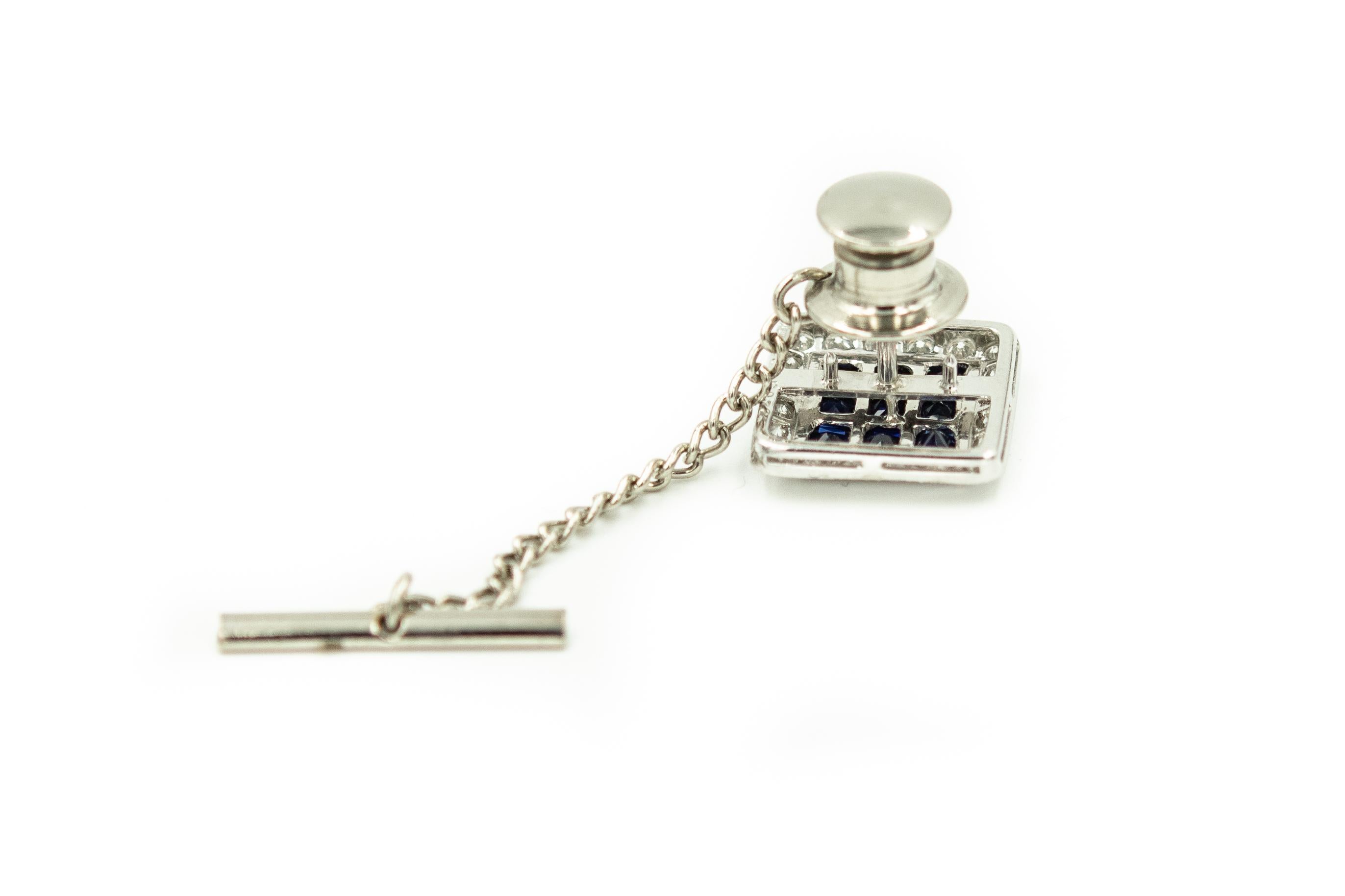 Invisibly Set Sapphires and Diamond White Gold Square Cufflinks and Tie Tac 3
