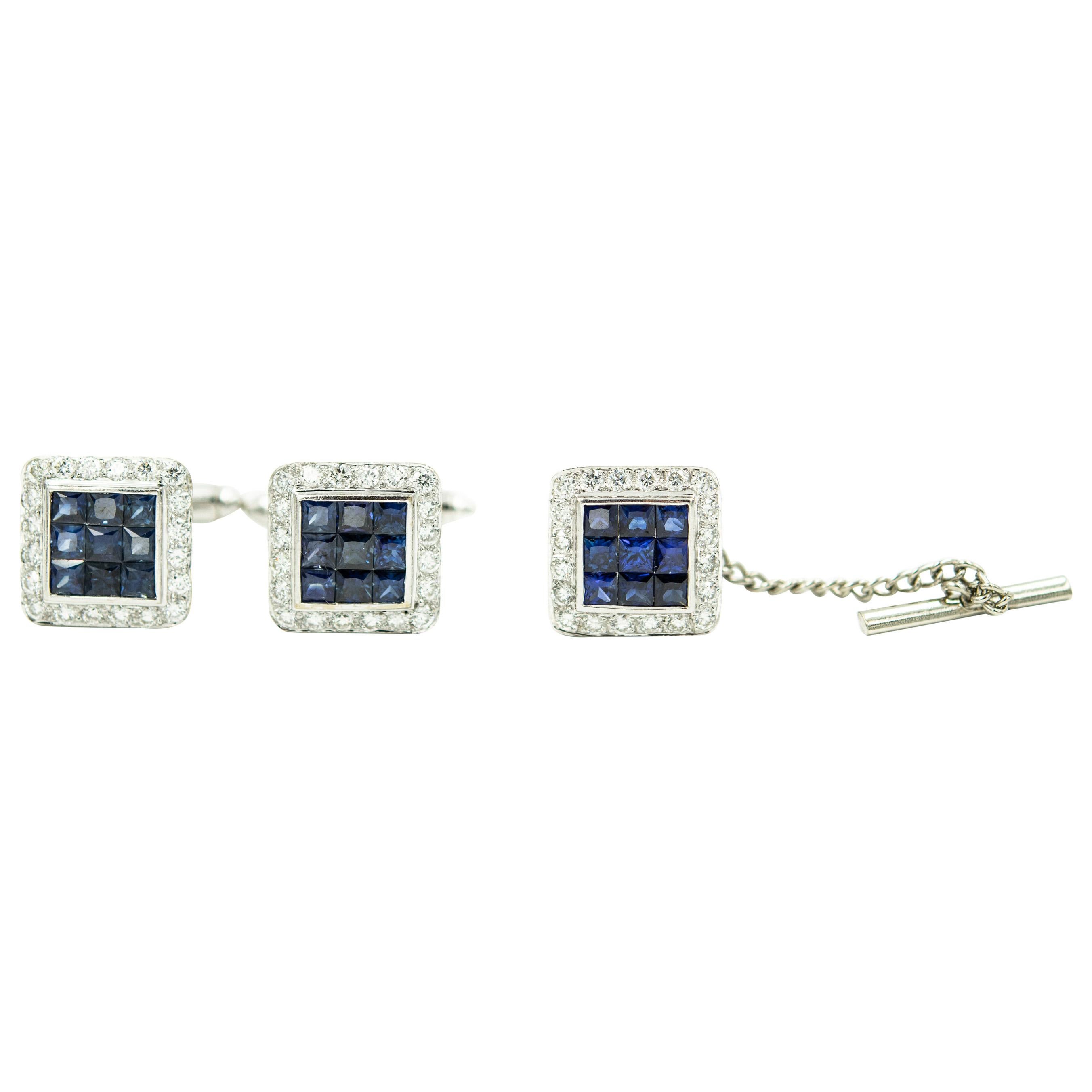 Invisibly Set Sapphires and Diamond White Gold Square Cufflinks and Tie Tac