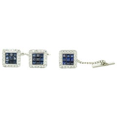 Vintage Invisibly Set Sapphires and Diamond White Gold Square Cufflinks and Tie Tac