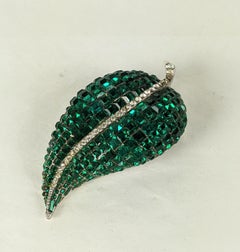 Invisibly Set Sterling Emerald Leaf Brooch