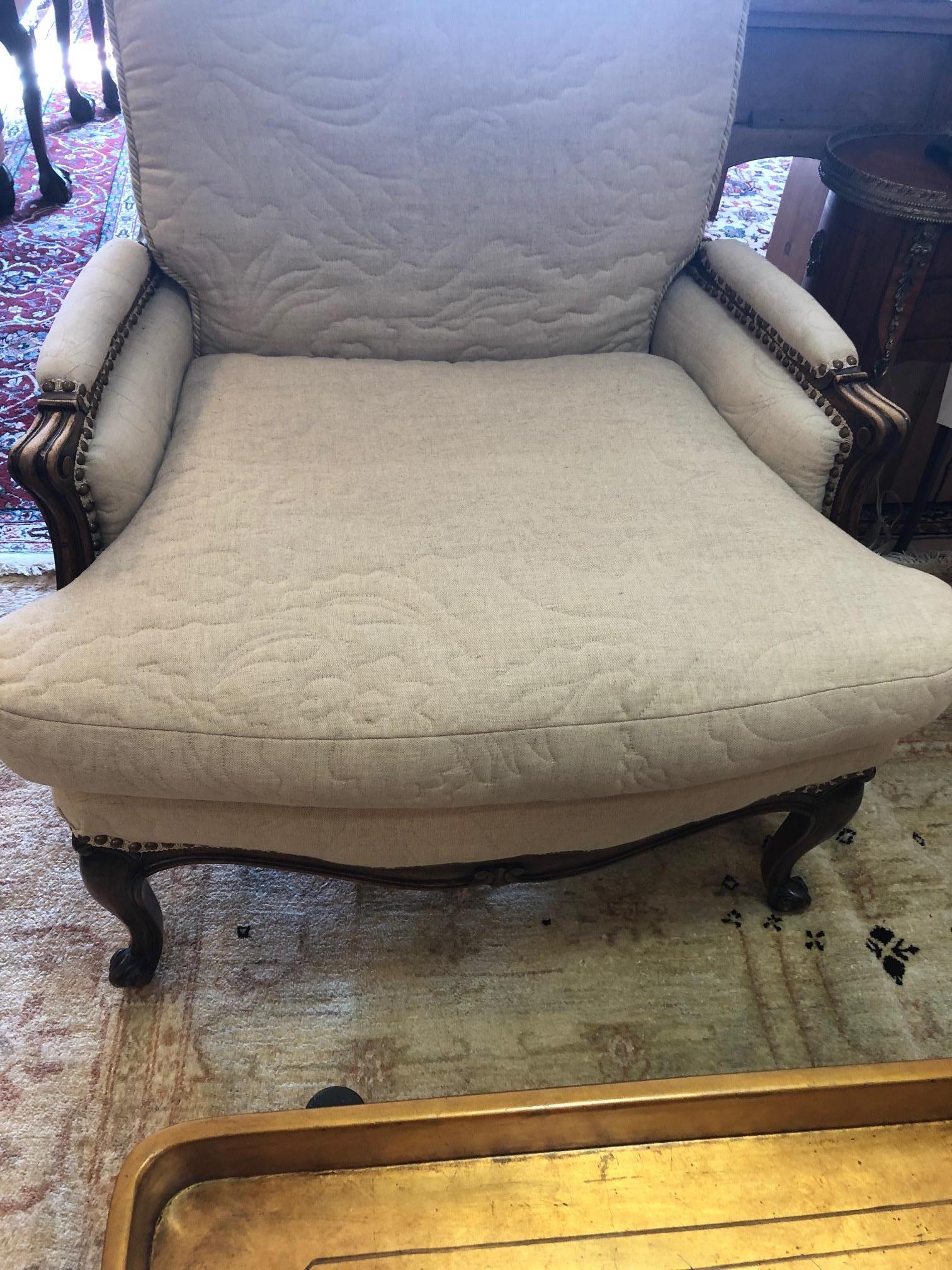 Inviting Carved Walnut Large French Style Club Chair with Quilted Upholstery 4