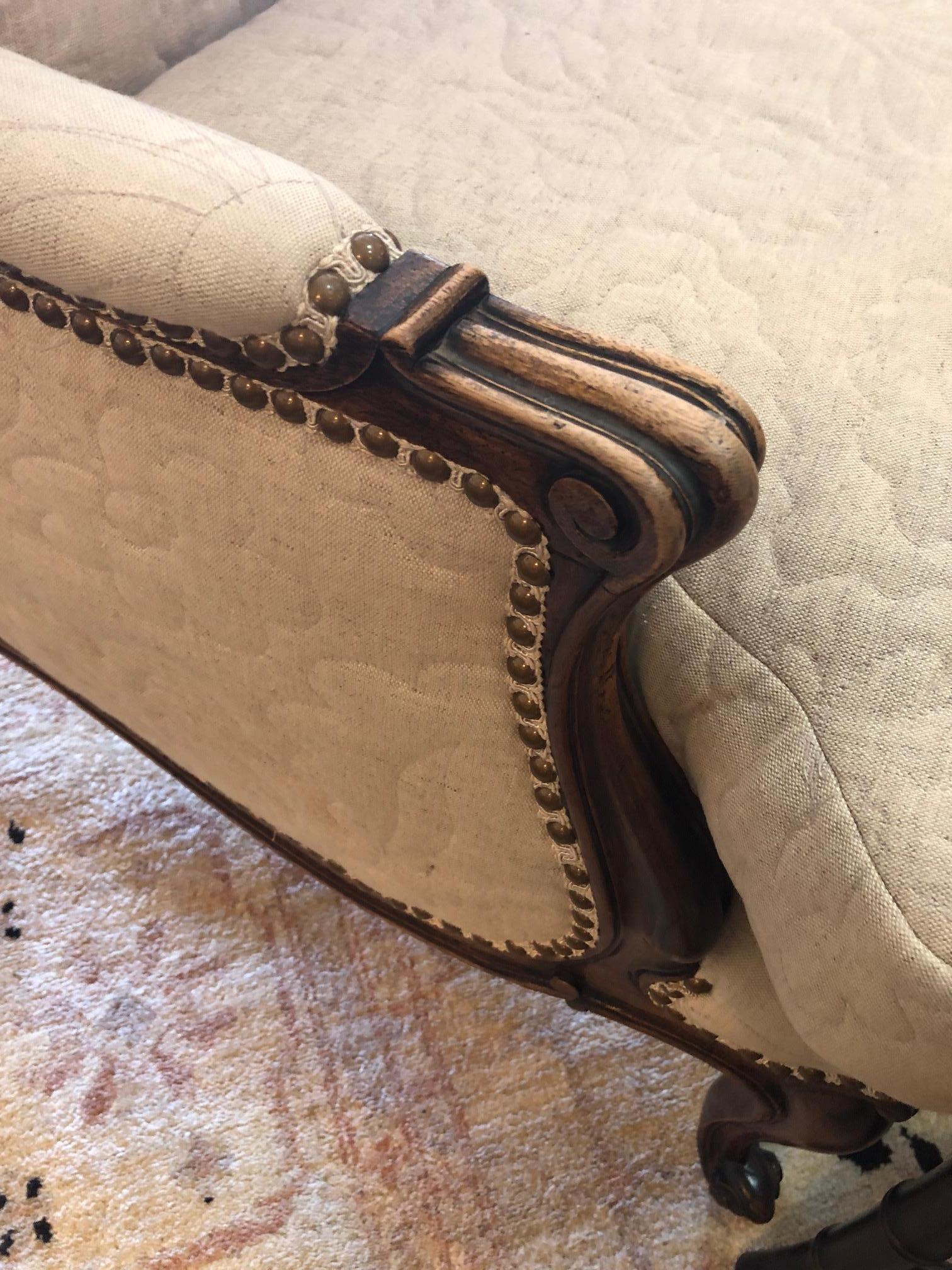 Inviting Carved Walnut Large French Style Club Chair with Quilted Upholstery 3