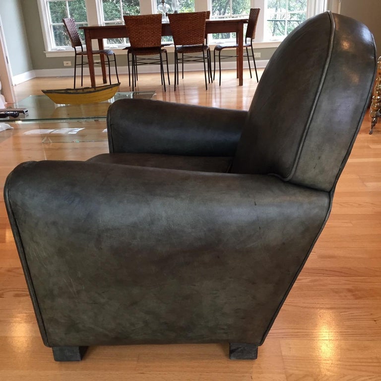 Inviting Comfy Set of Two Dark Green Leather Club Chairs and Matching Ottoman at 1stDibs green