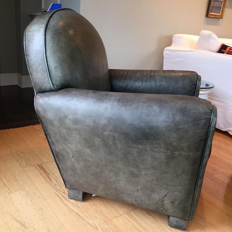 Inviting Comfy Set of Two Dark Green Leather Club Chairs and Matching Ottoman at 1stDibs
