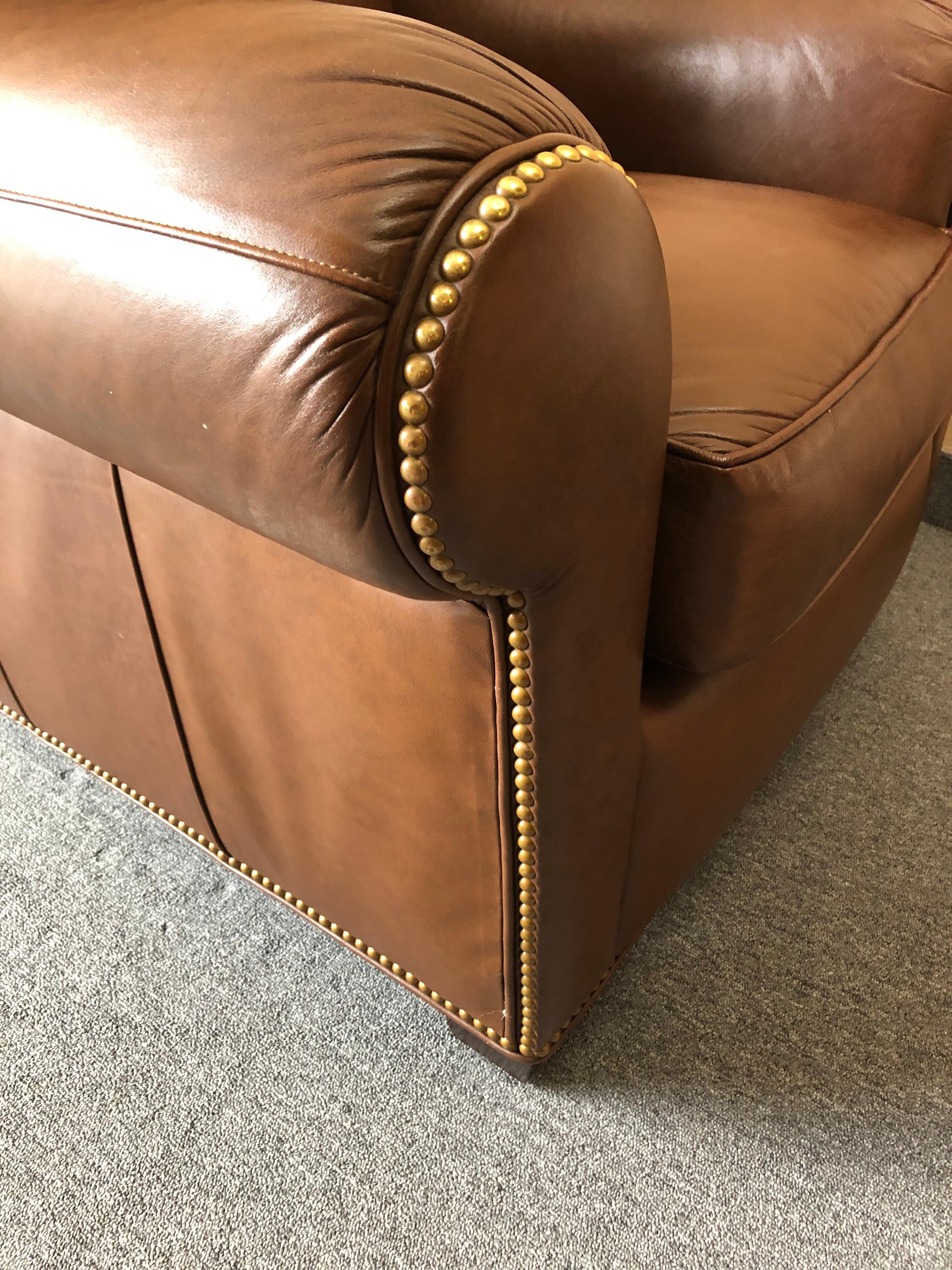 Inviting Supple Brown Leather Classic Hancock & Moore Club Chair In Excellent Condition In Hopewell, NJ