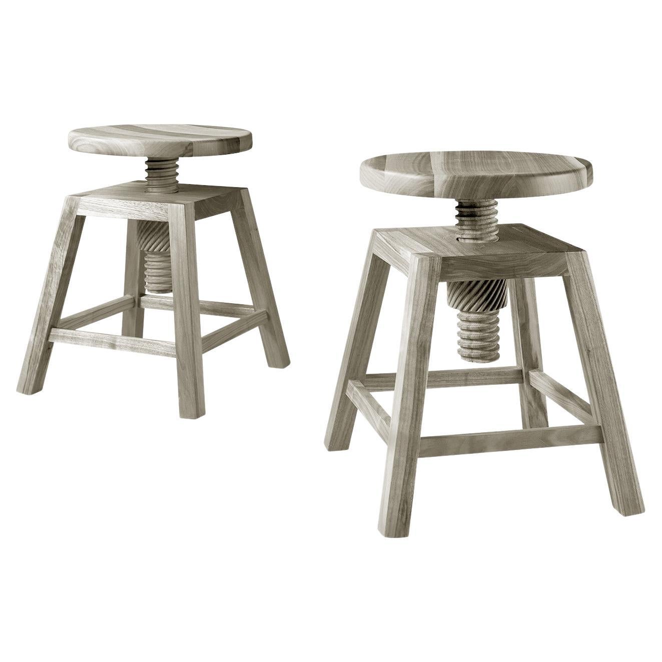 Invito Solid Wood Stool, Walnut in Hand-Made Natural Grey Finish, Contemporary For Sale