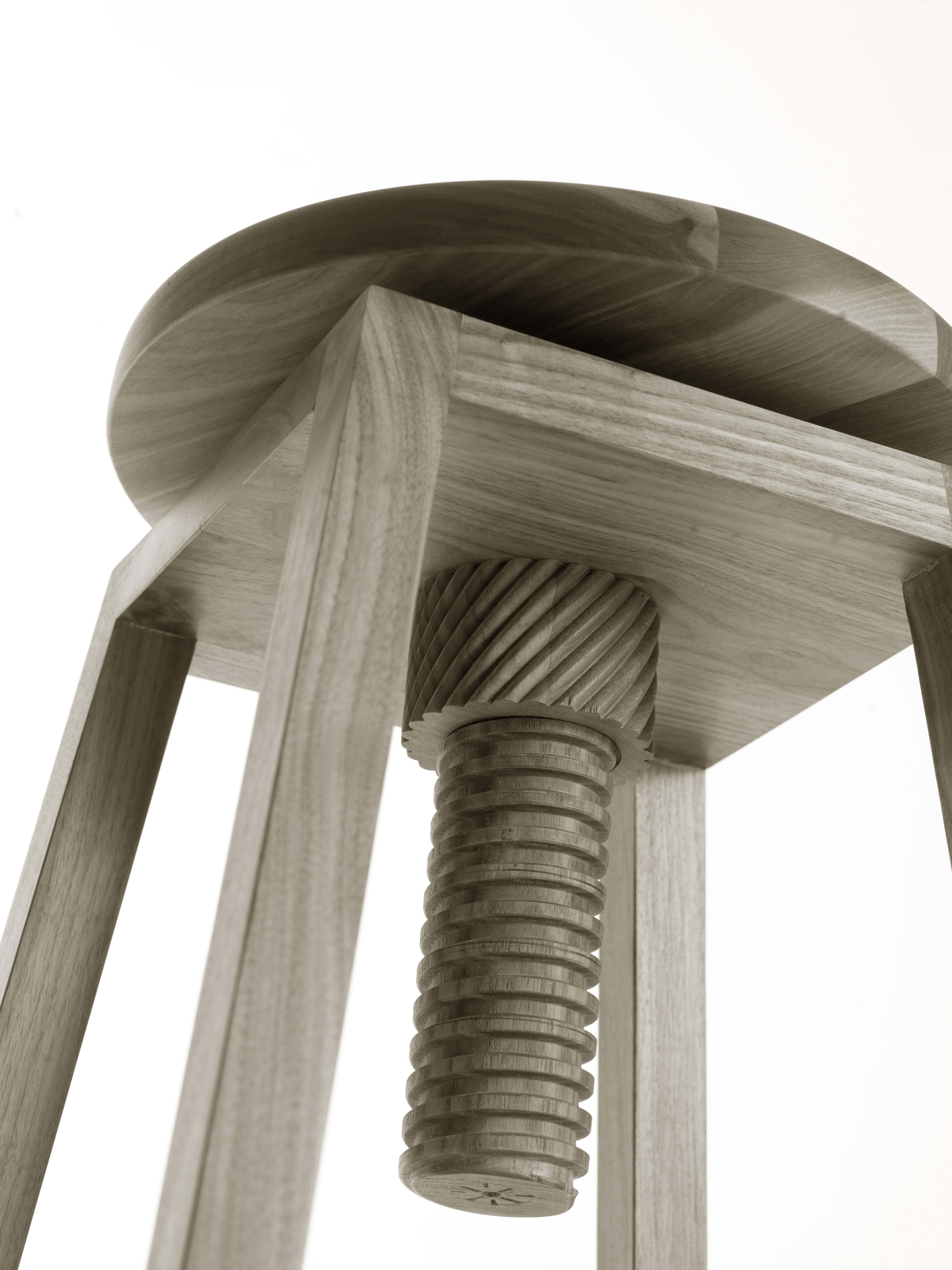 Oiled Invito Solid Wood Stool, Walnut in Hand-Made Natural Grey Finish, Contemporary For Sale