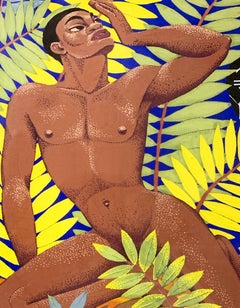 "Invocation, " Art Deco Painting with Black Male Nude and African Mask