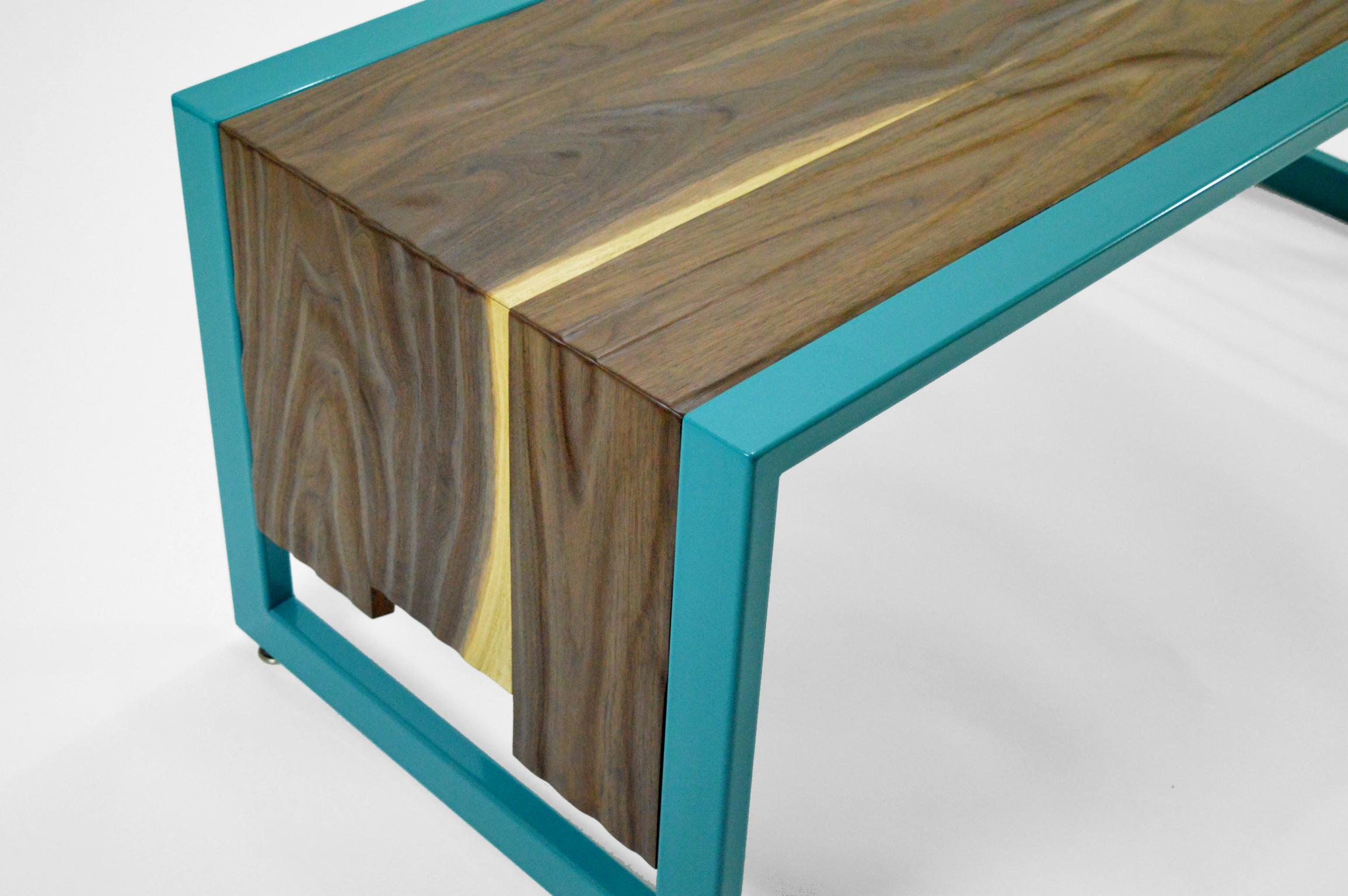 Hand-Carved Invoke Modern Coffee Table / Bench by CAUV Design Steel and Carved Walnut For Sale
