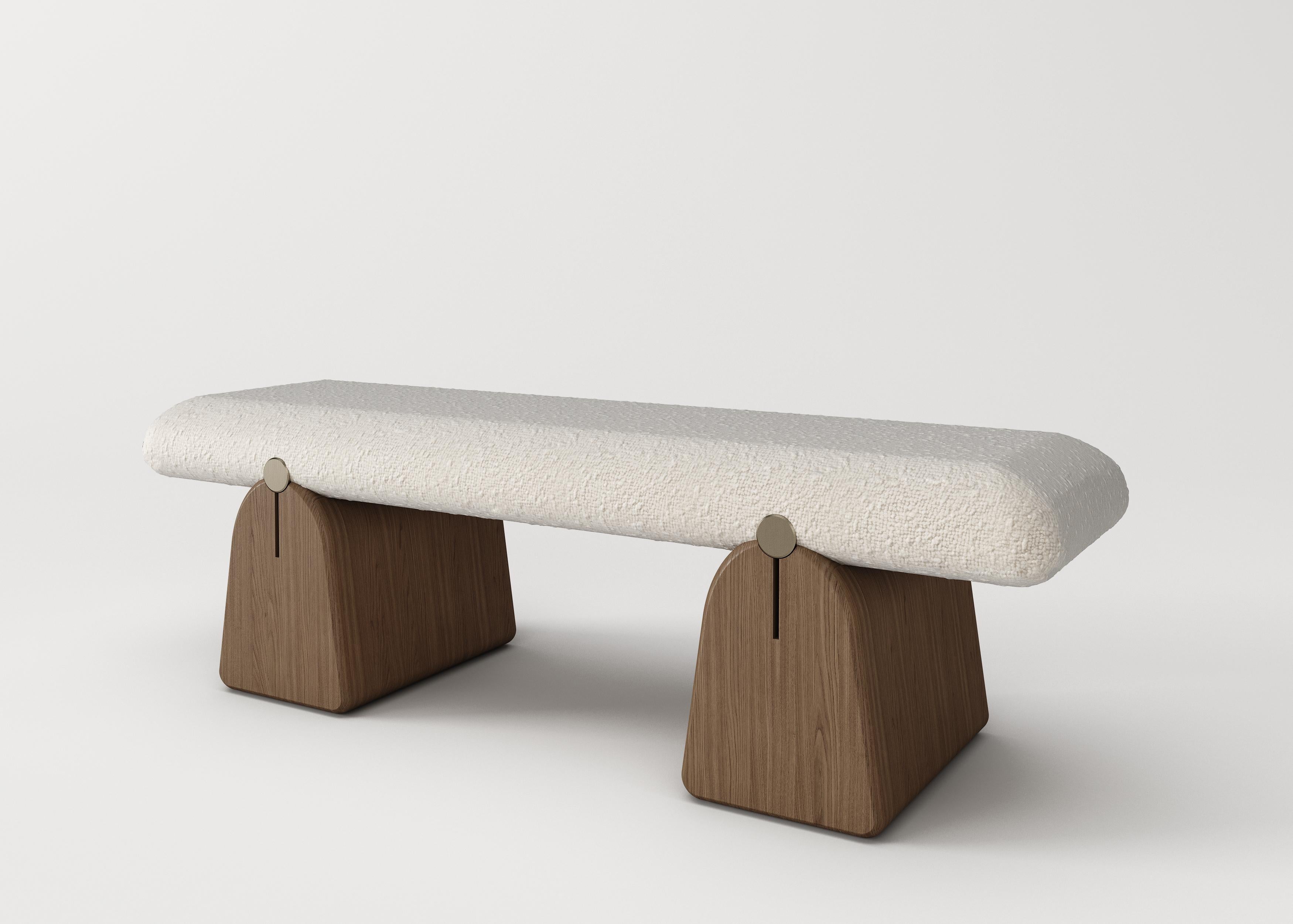 IO bench Signed by Buket Hos¸can Bazman
Dimensions: 140 x 42 x 42 cm
Material: Patinated brass detailed, solid wood legs, bouclé fabric pouf

Available in custom sizing and finishes
Patina application varies in each piece.
 

Buket Hoscan