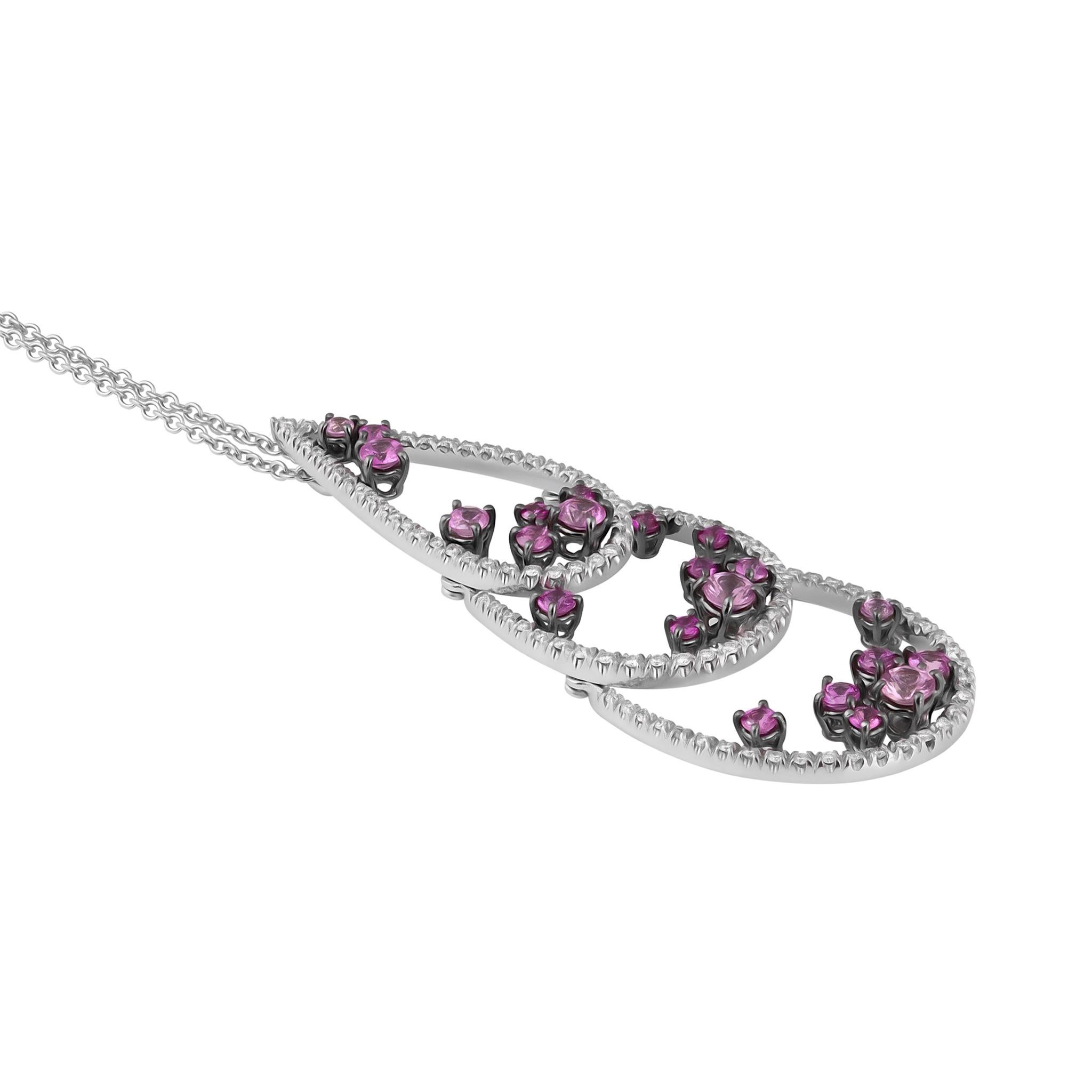 Modern IO SI 18K White Gold Diamond & Pink Sapphire Necklace For Sale
