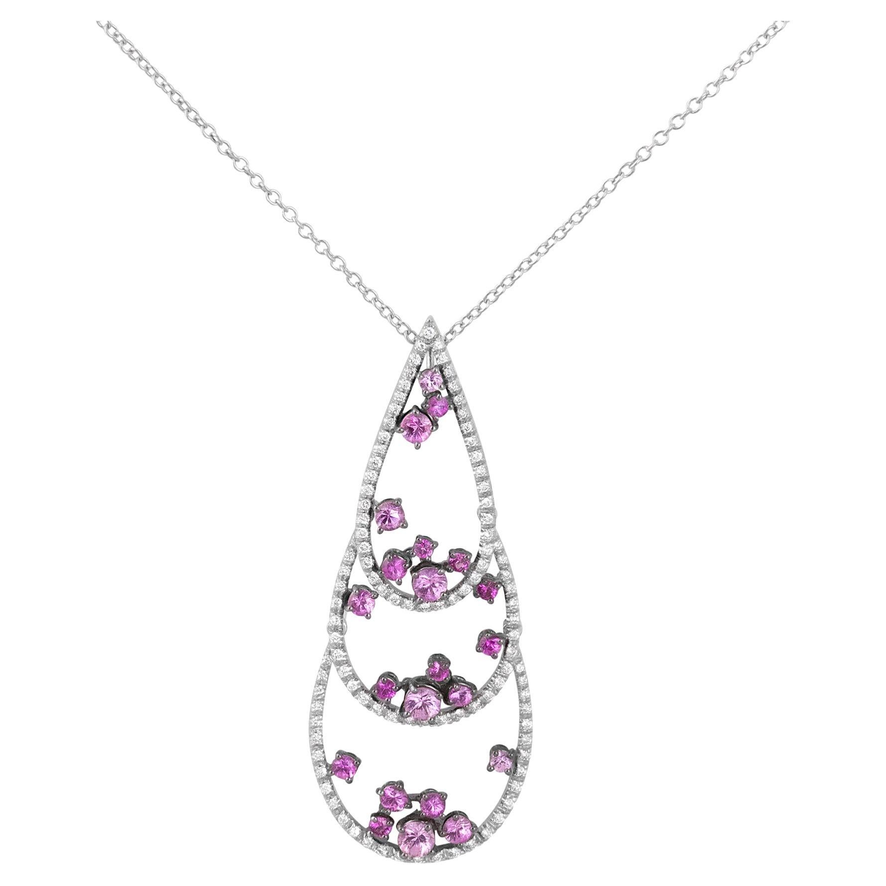 IO SI 18K White Gold Diamond & Pink Sapphire Necklace For Sale