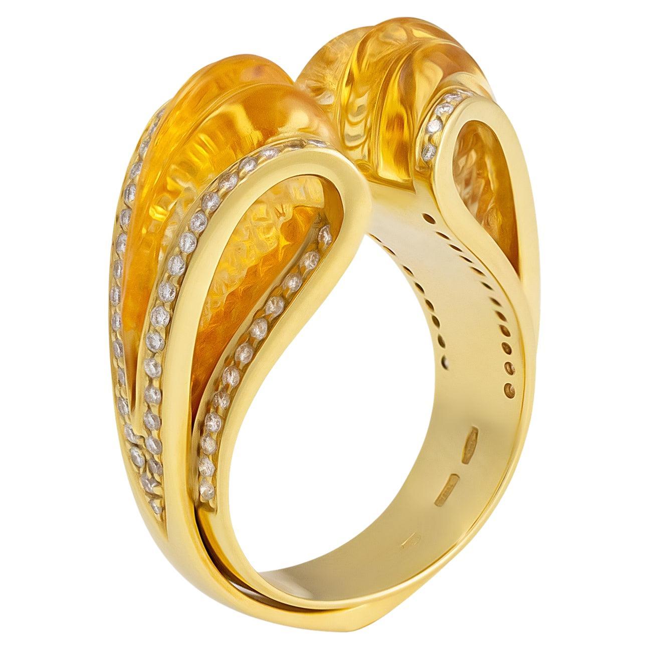 IO SI 18K Yellow Gold Diamond & Citrine Ring For Sale