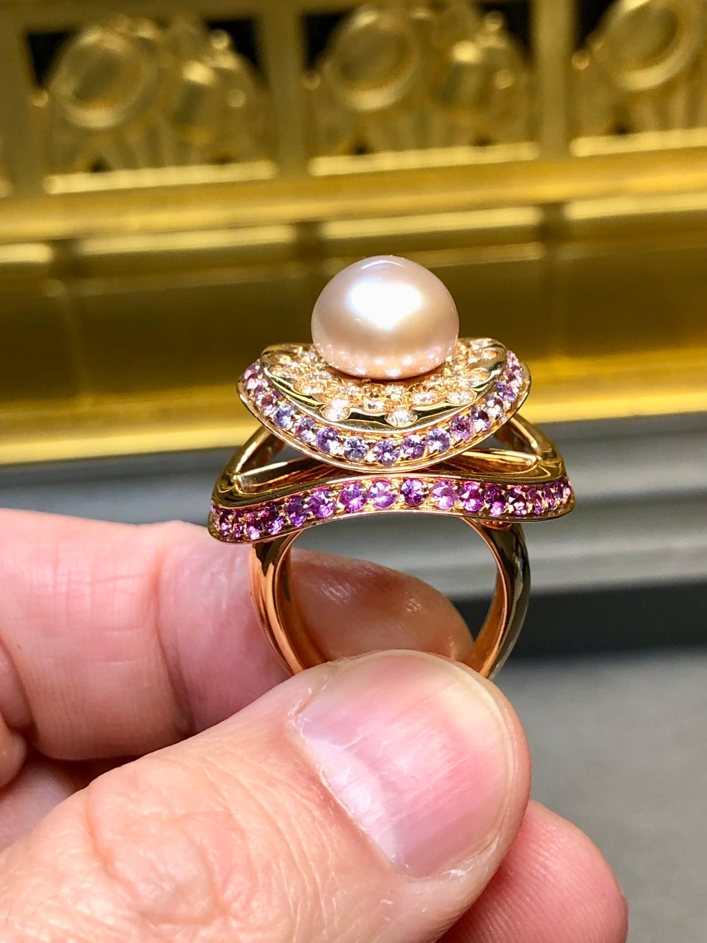 Io Si By Stefan Hafner 18K Rose Gold Diamond Pink Sapphire Pearl Cocktail Ring For Sale 4