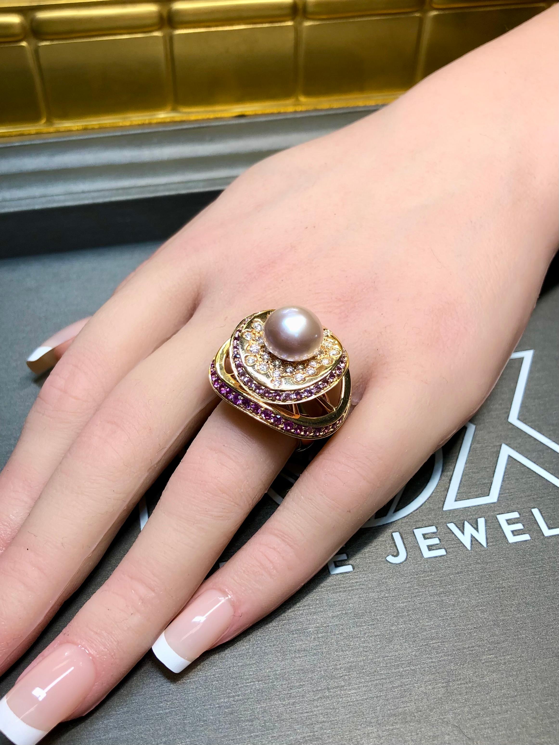 Io Si By Stefan Hafner 18K Rose Gold Diamond Pink Sapphire Pearl Cocktail Ring For Sale 6