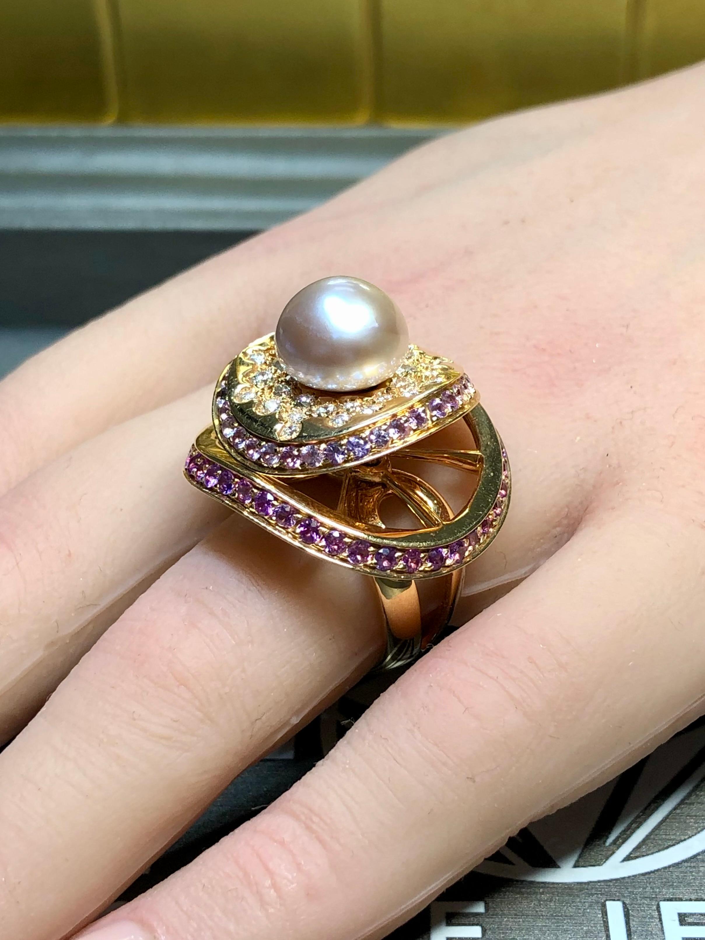 Io Si By Stefan Hafner 18K Rose Gold Diamond Pink Sapphire Pearl Cocktail Ring For Sale 7