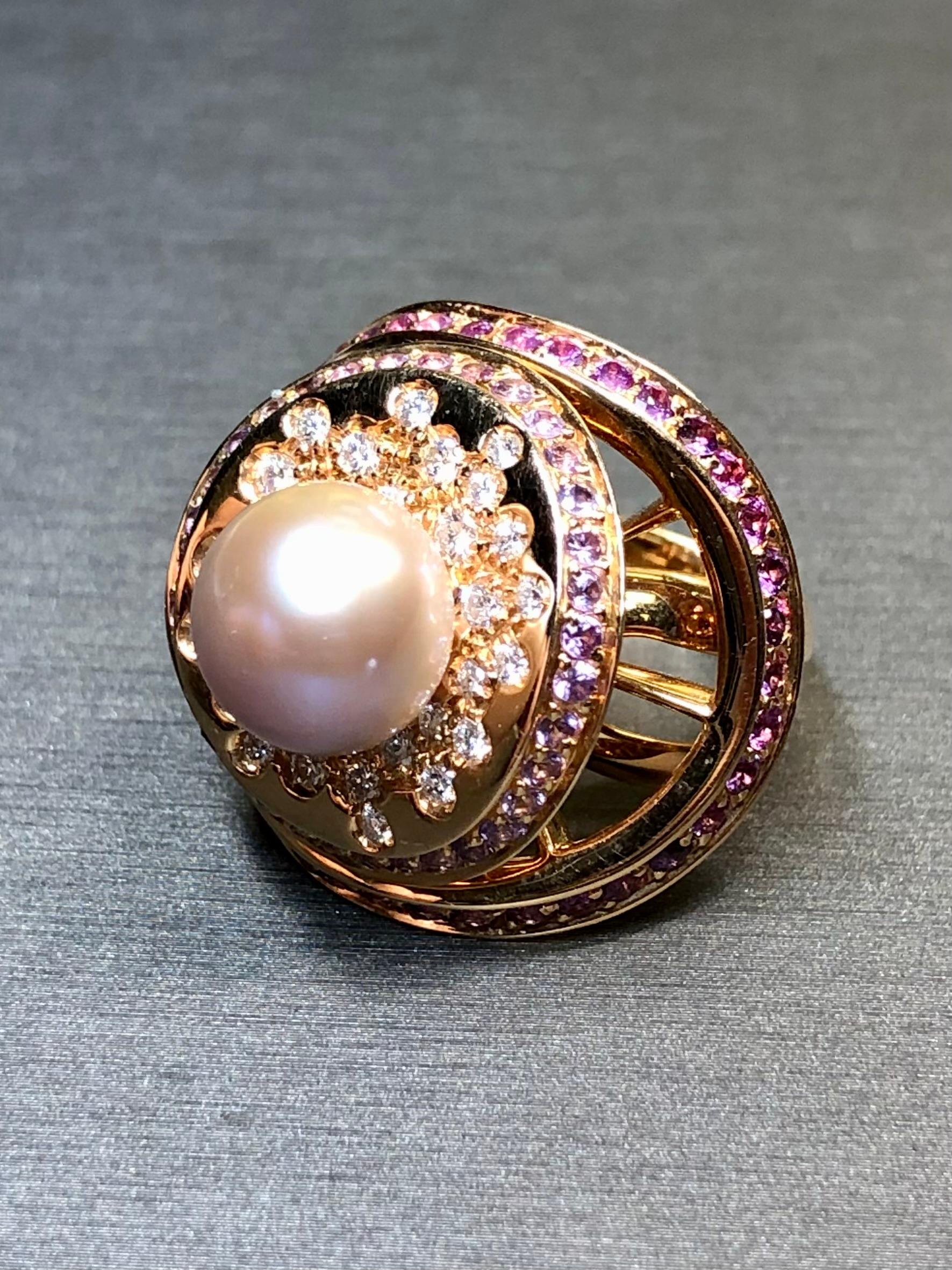 Contemporary Io Si By Stefan Hafner 18K Rose Gold Diamond Pink Sapphire Pearl Cocktail Ring For Sale