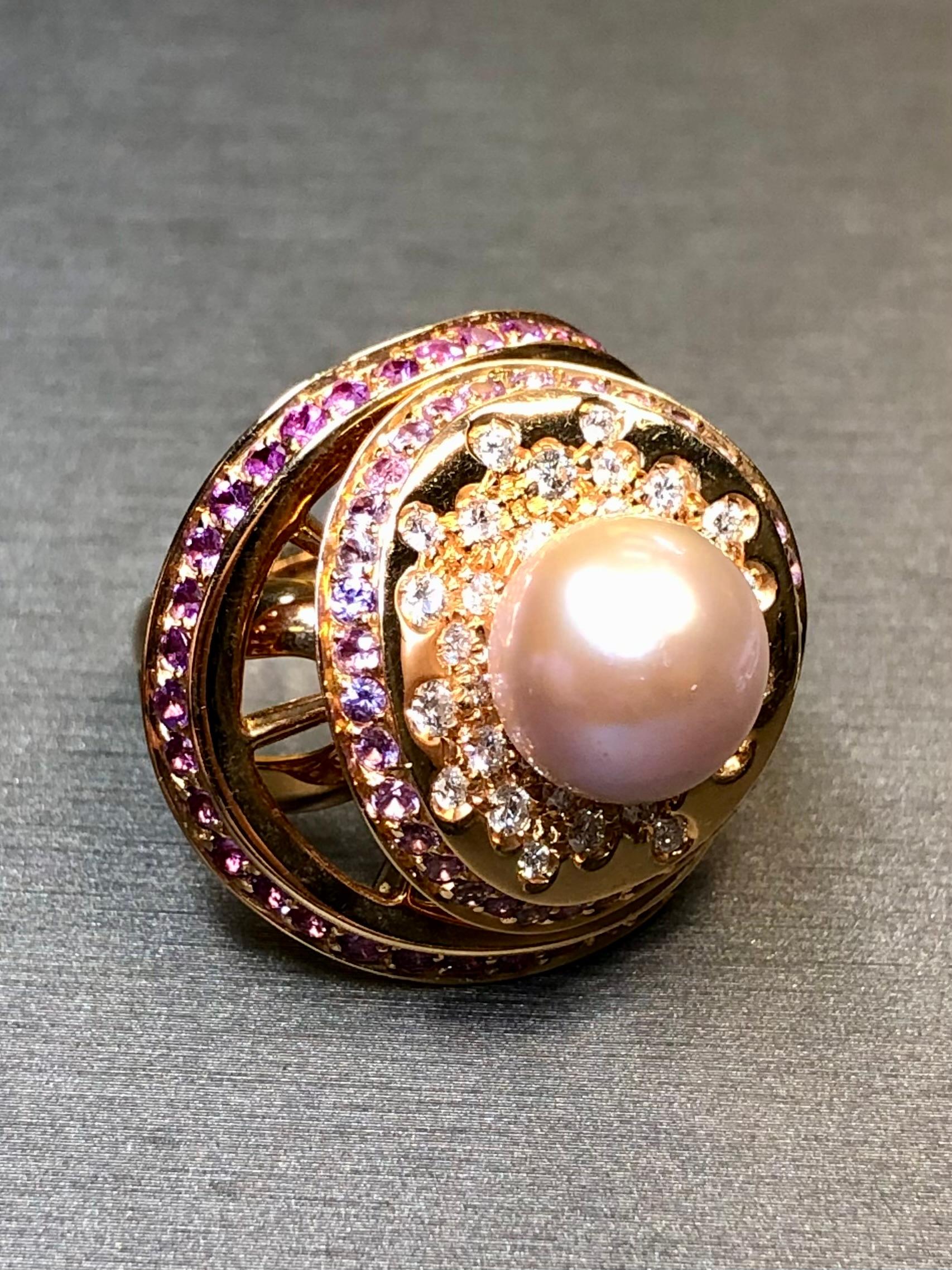 Round Cut Io Si By Stefan Hafner 18K Rose Gold Diamond Pink Sapphire Pearl Cocktail Ring For Sale