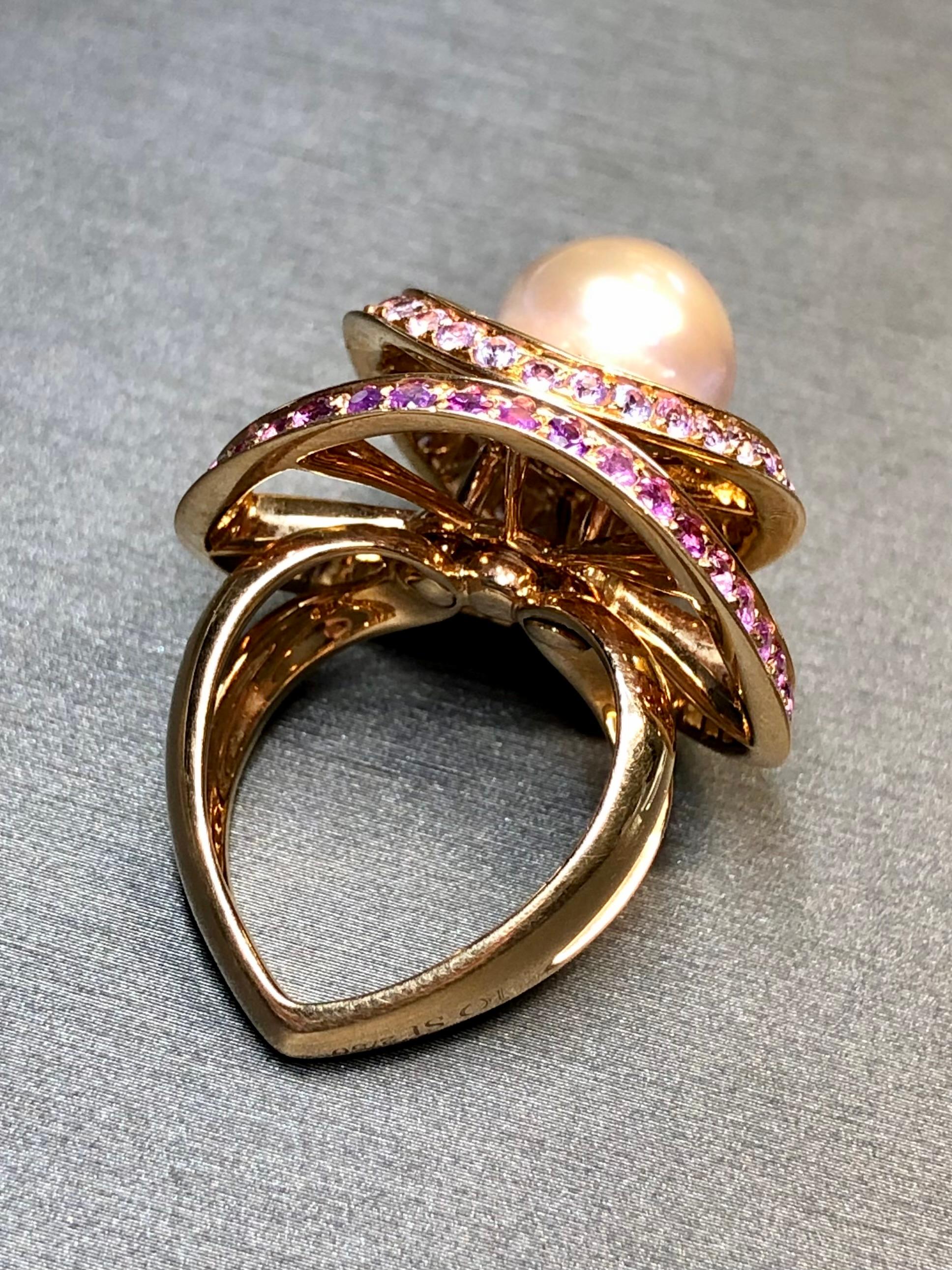 Io Si By Stefan Hafner 18K Rose Gold Diamond Pink Sapphire Pearl Cocktail Ring In Good Condition For Sale In Winter Springs, FL