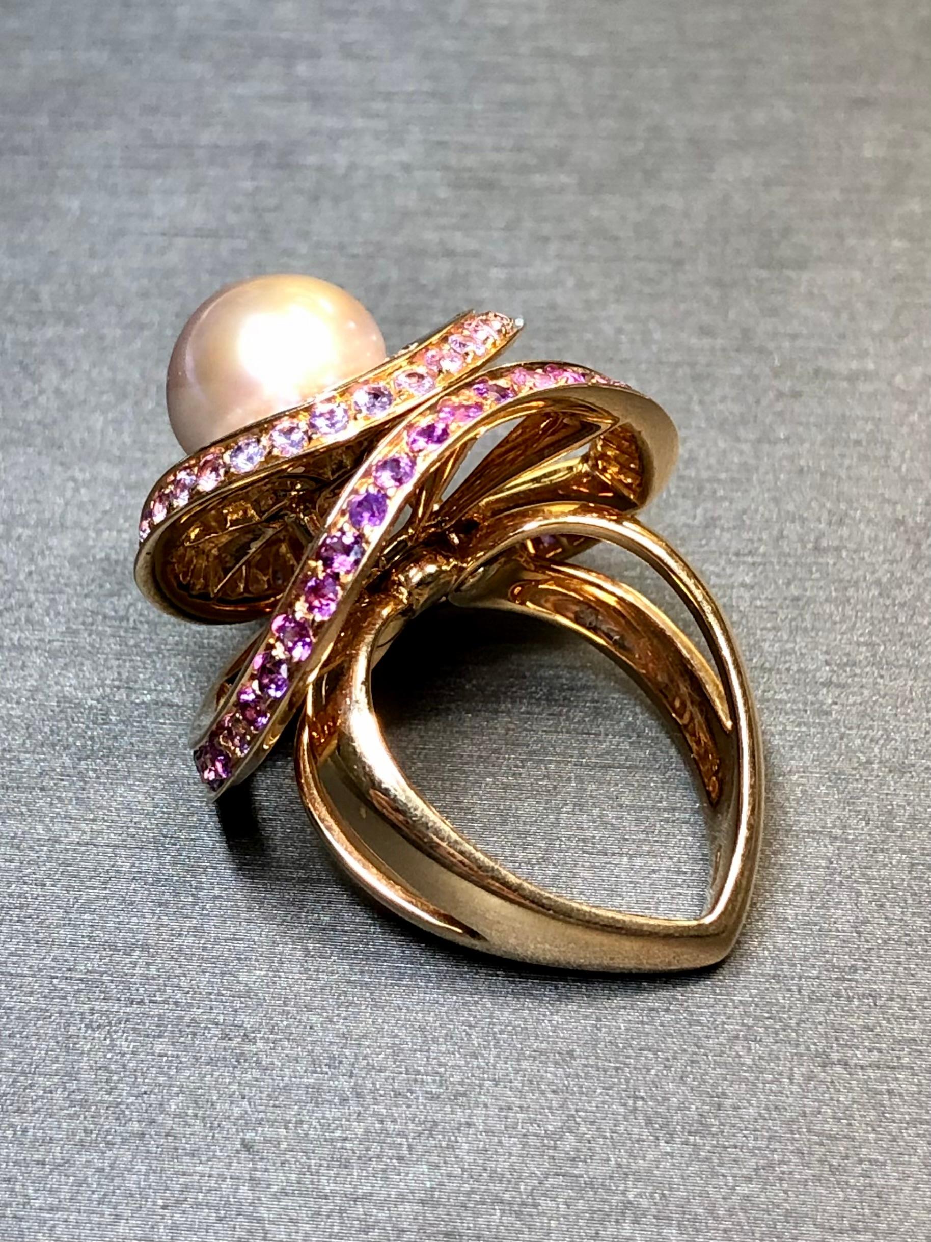 Women's or Men's Io Si By Stefan Hafner 18K Rose Gold Diamond Pink Sapphire Pearl Cocktail Ring For Sale