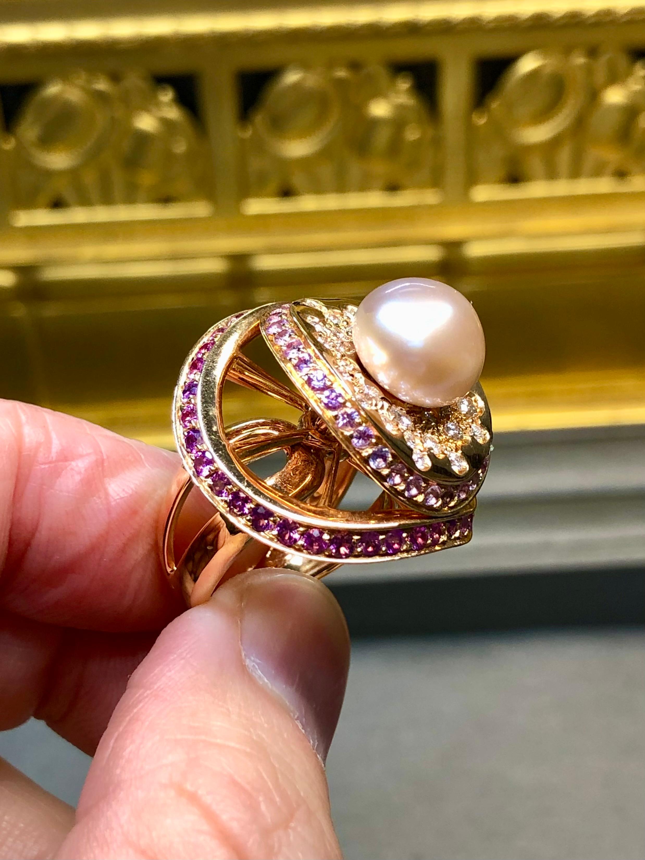 Io Si By Stefan Hafner 18K Rose Gold Diamond Pink Sapphire Pearl Cocktail Ring For Sale 1