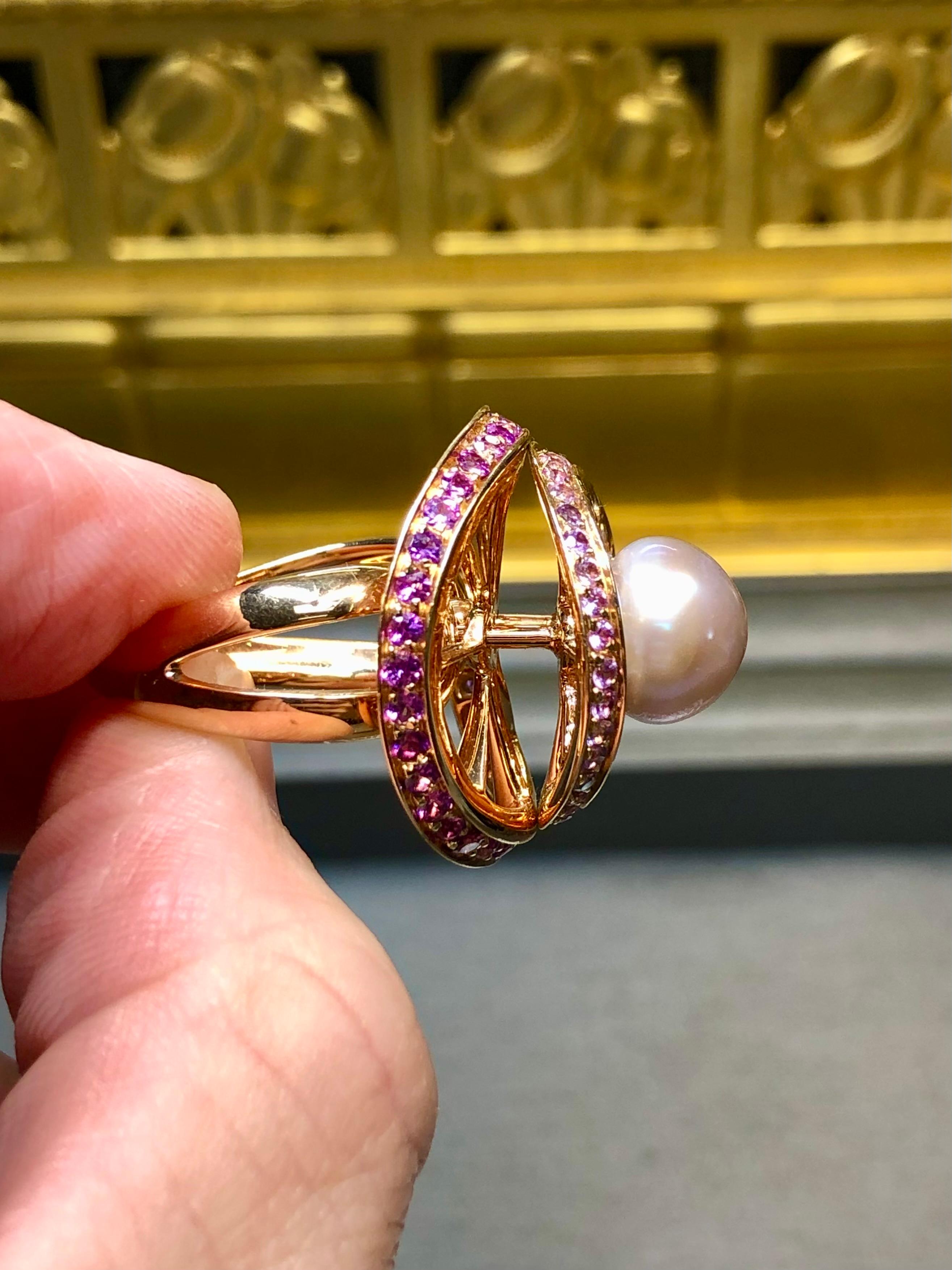 Io Si By Stefan Hafner 18K Rose Gold Diamond Pink Sapphire Pearl Cocktail Ring For Sale 2