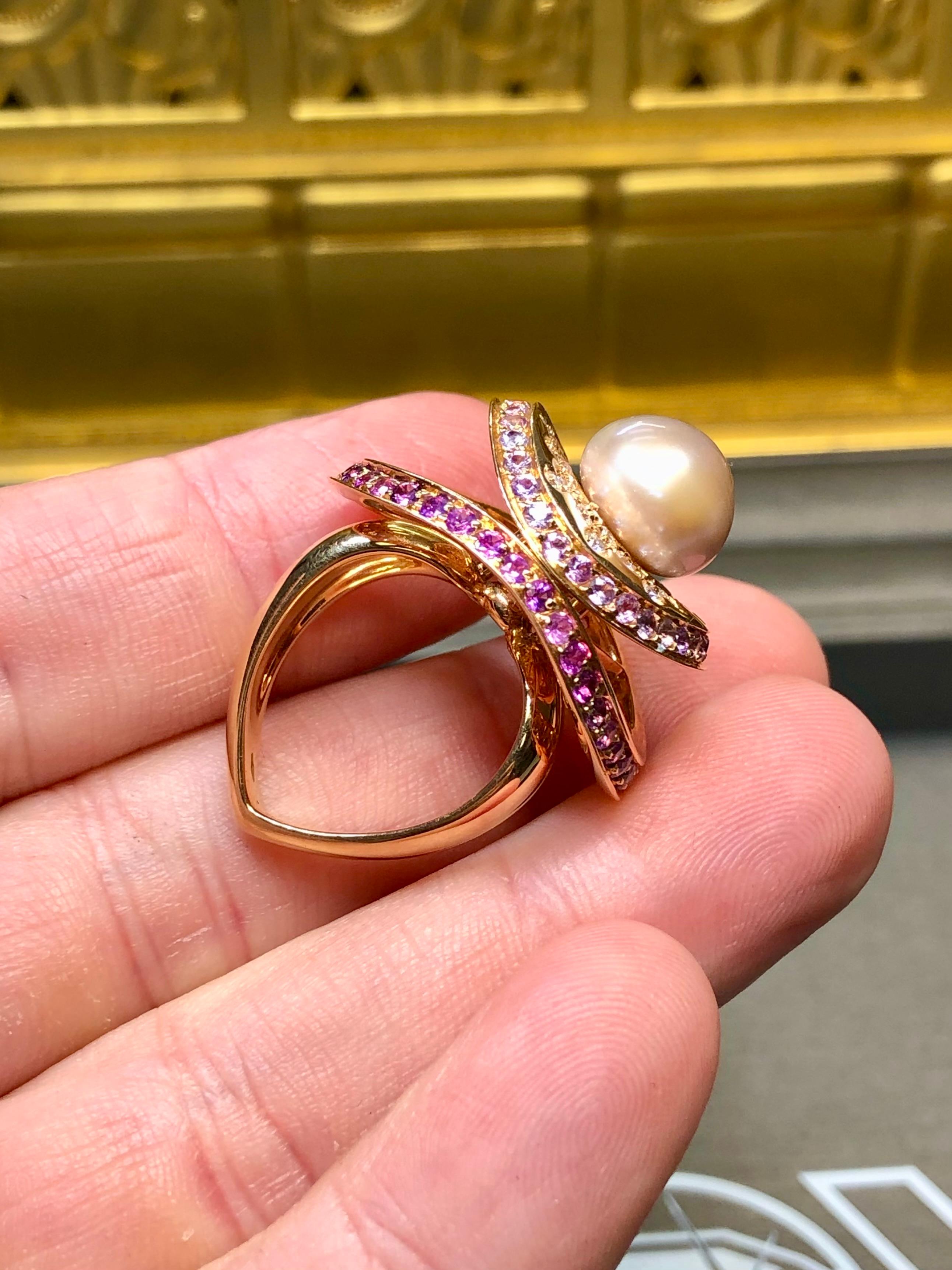 Io Si By Stefan Hafner 18K Rose Gold Diamond Pink Sapphire Pearl Cocktail Ring For Sale 3