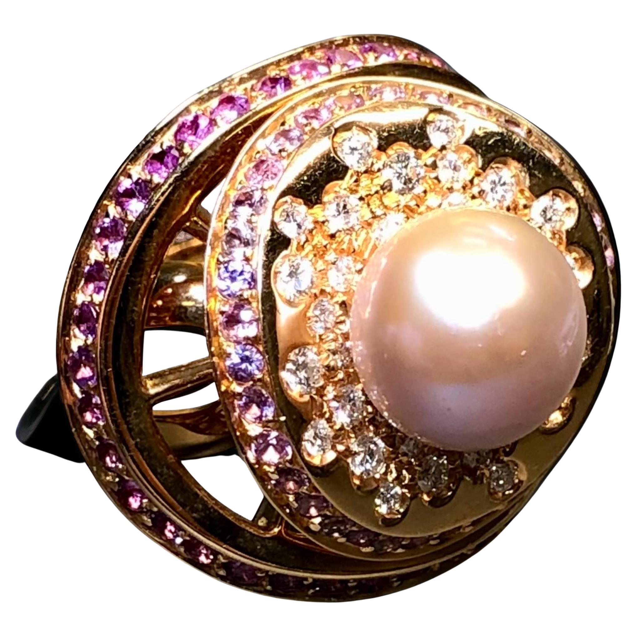 Io Si By Stefan Hafner 18K Rose Gold Diamond Pink Sapphire Pearl Cocktail Ring