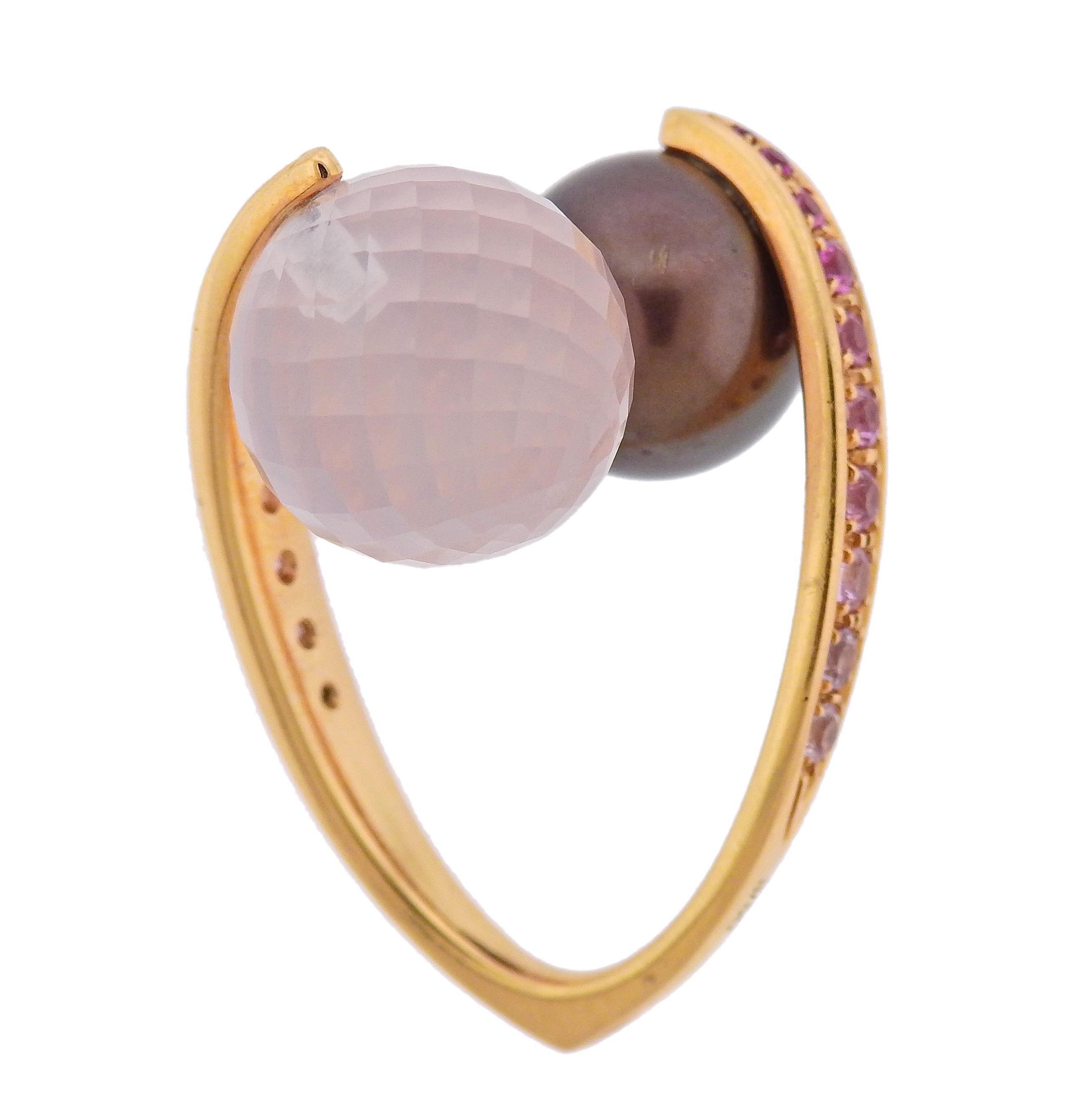 Io Si Diamond Rose Quartz Pearl Pink Sapphire Gold Cocktail Ring In Excellent Condition For Sale In Lambertville, NJ