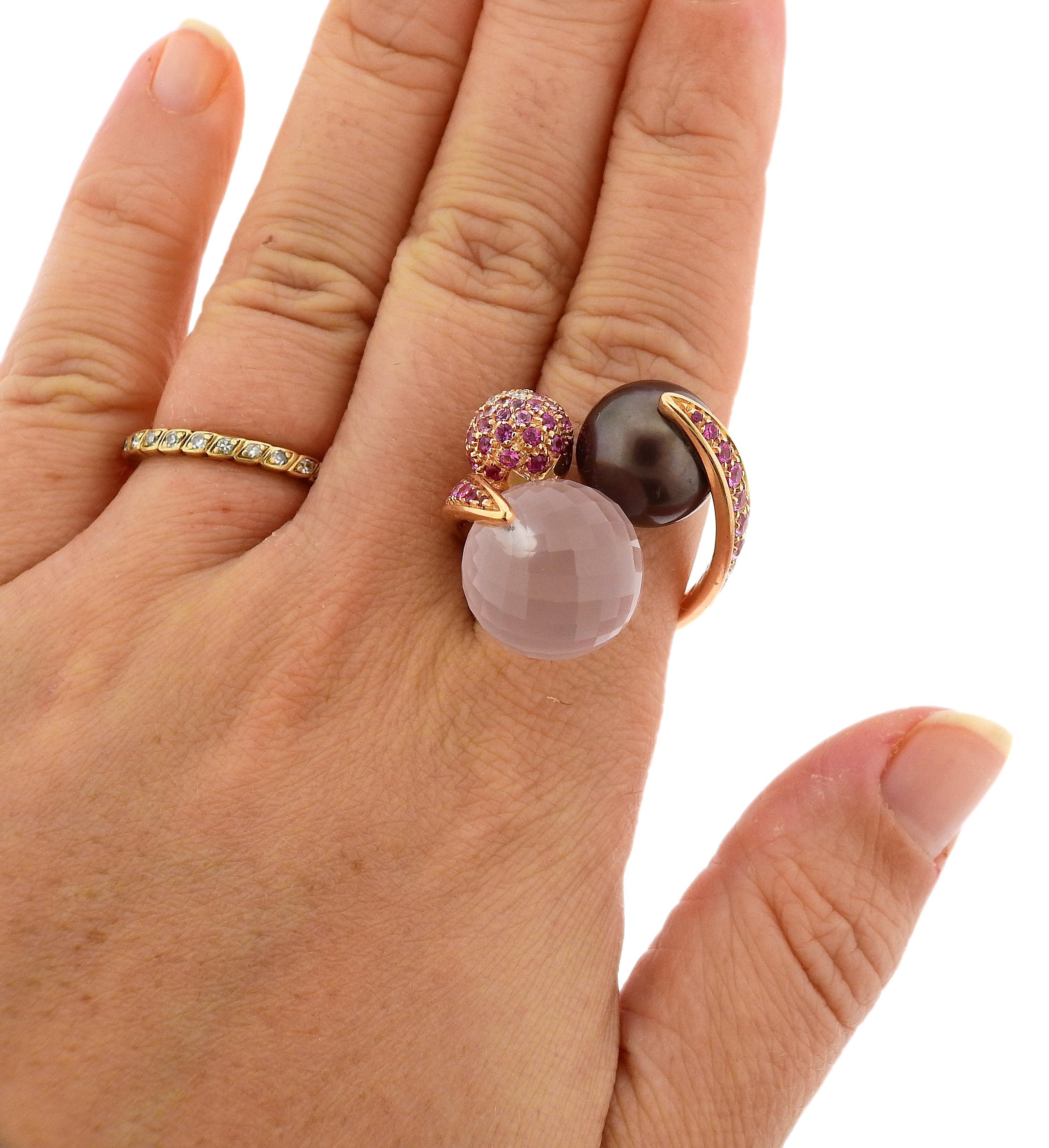 Women's or Men's Io Si Diamond Rose Quartz Pearl Pink Sapphire Gold Cocktail Ring For Sale