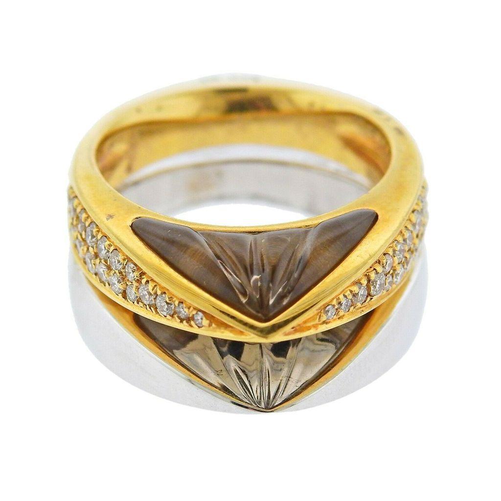 Io Si Gold Diamond Carved Quartz Double Ring  In Excellent Condition For Sale In Lambertville, NJ