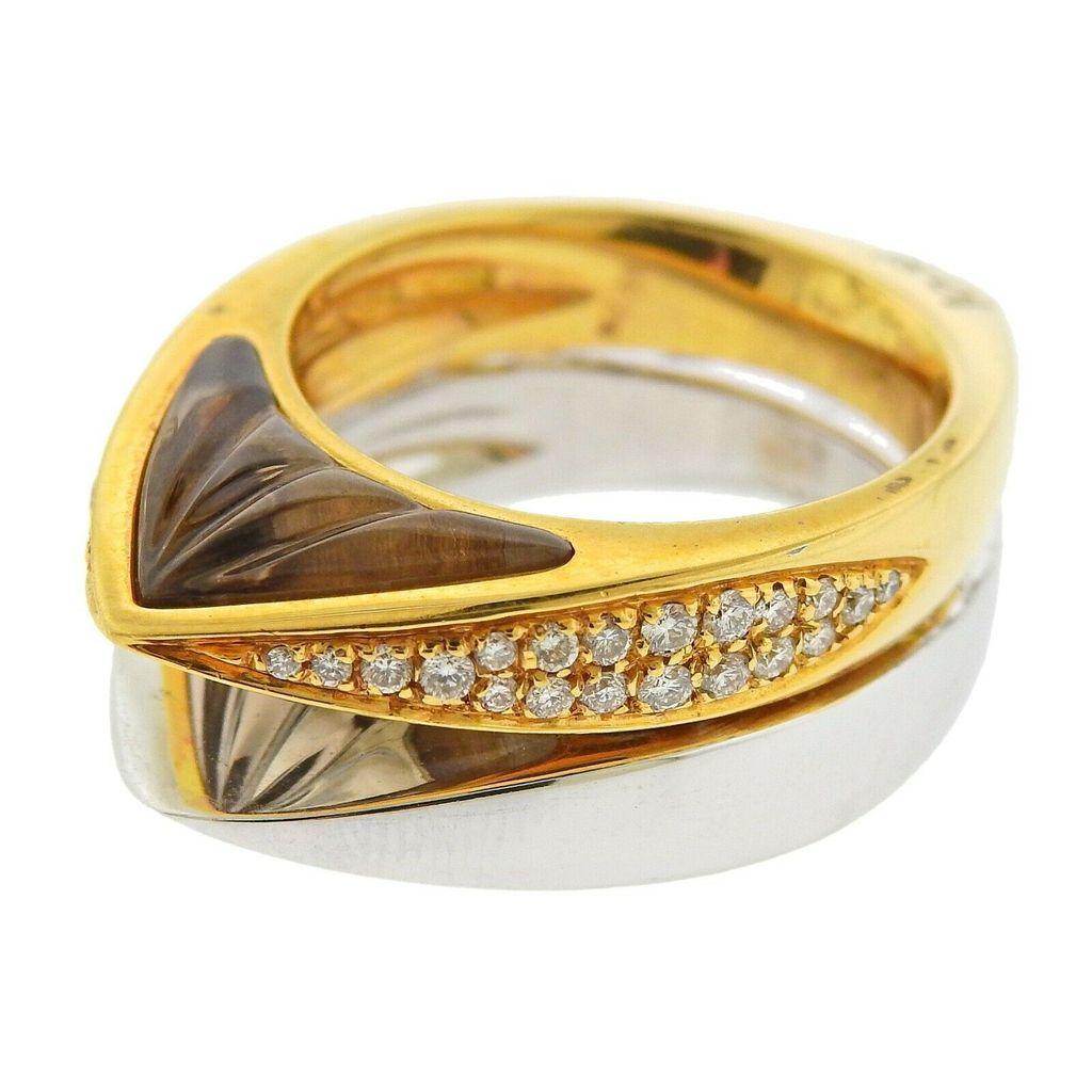 Women's or Men's Io Si Gold Diamond Carved Quartz Double Ring  For Sale