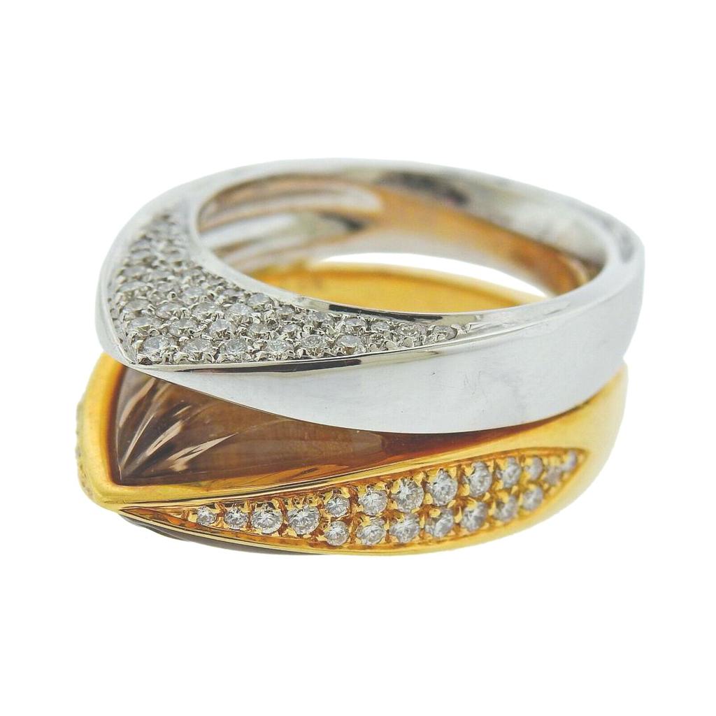 Io Si Gold Diamond Carved Quartz Double Ring  For Sale