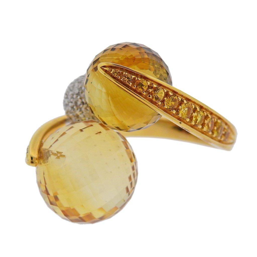 Io Si Yellow Gold Diamond Sapphire Citrine Bypass Ring In Excellent Condition For Sale In Lambertville, NJ