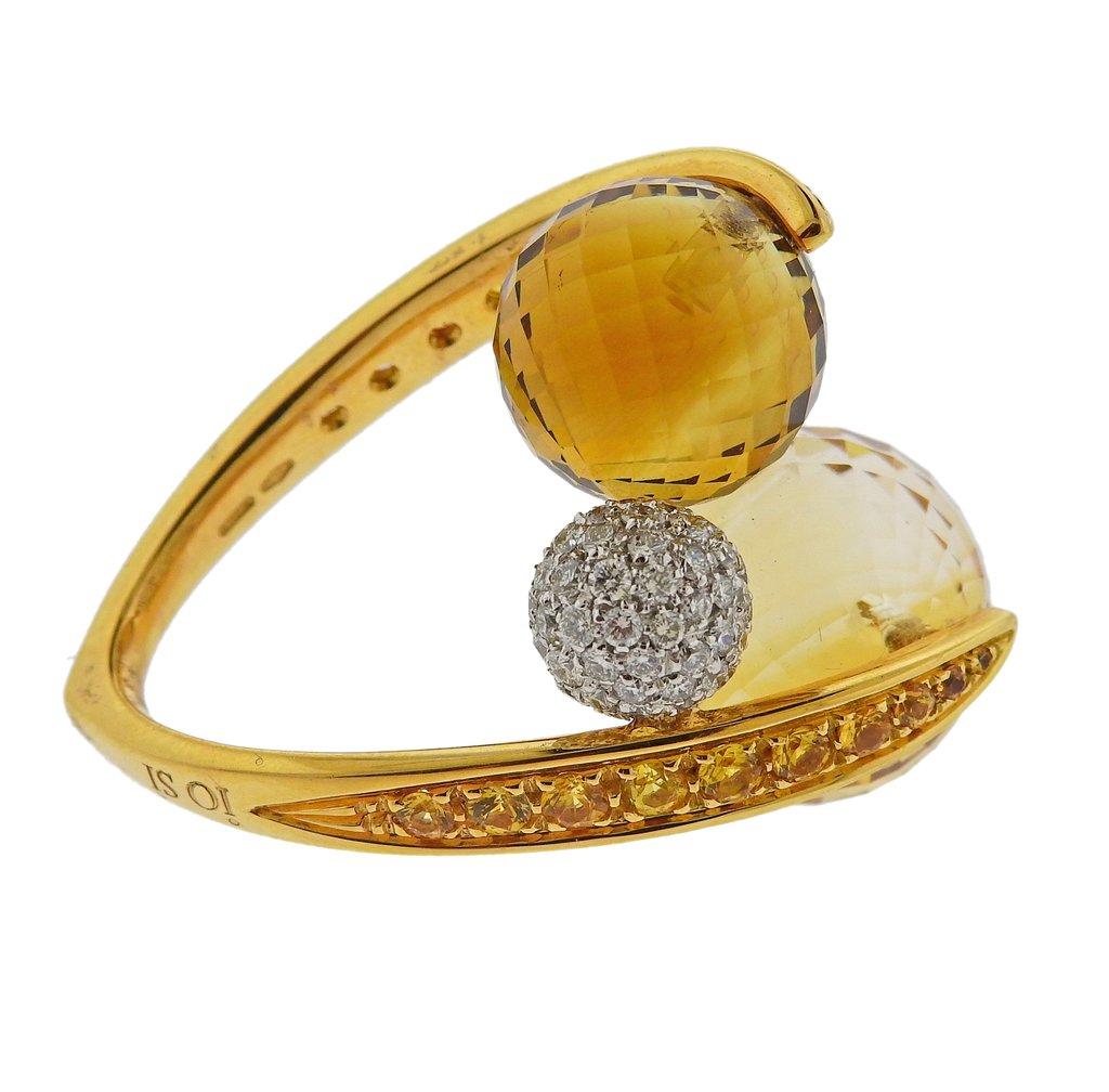 Women's or Men's Io Si Yellow Gold Diamond Sapphire Citrine Bypass Ring For Sale