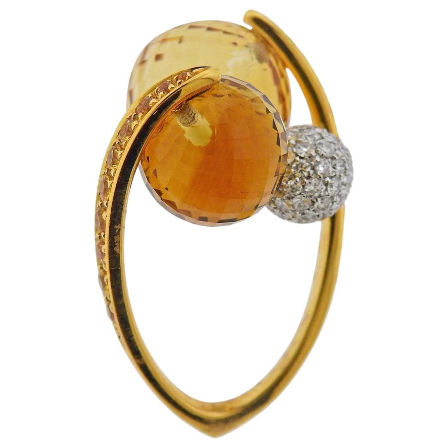 Io Si Yellow Gold Diamond Sapphire Citrine Bypass Ring For Sale